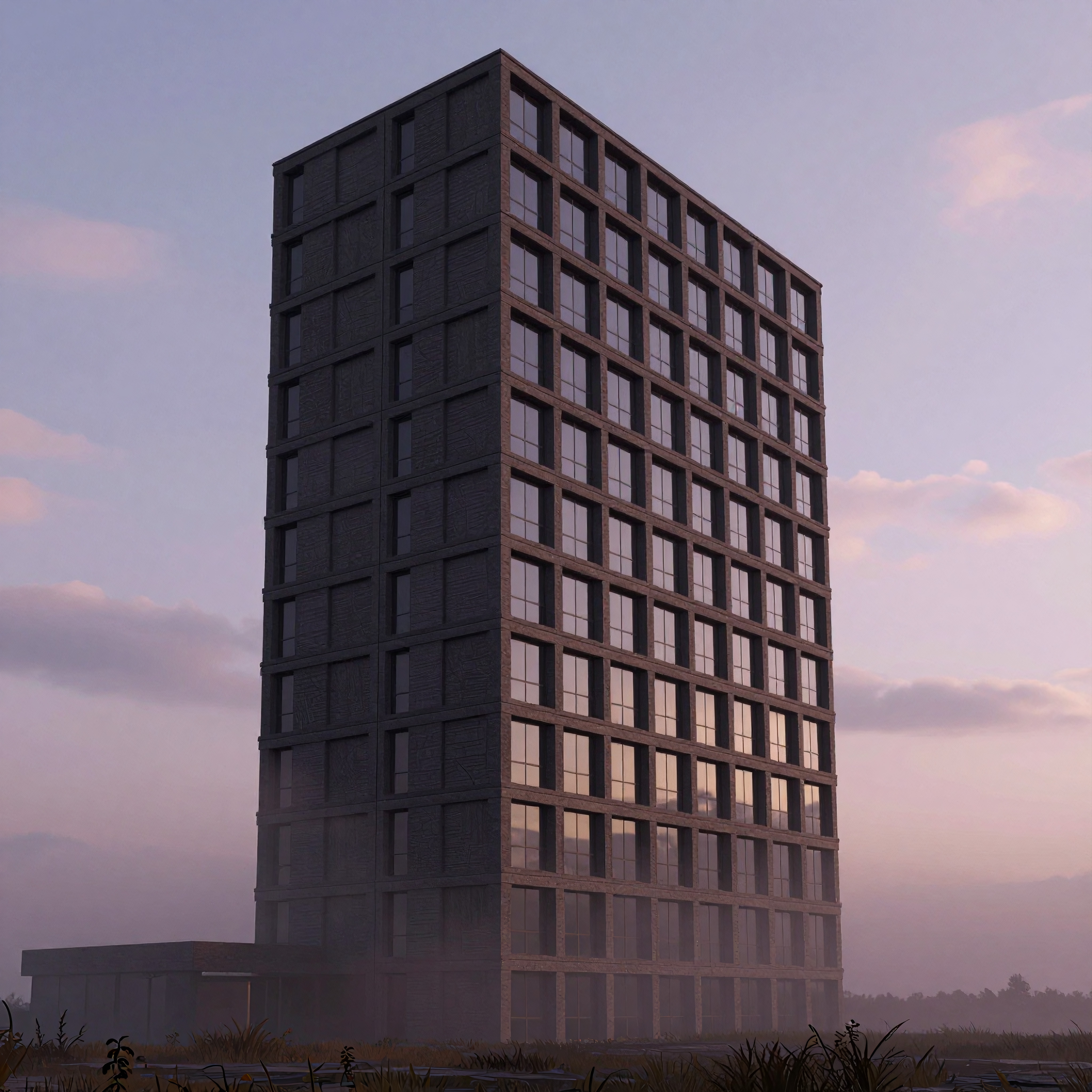 This image shows a tall, modern building silhouetted against a peaceful sunset sky.