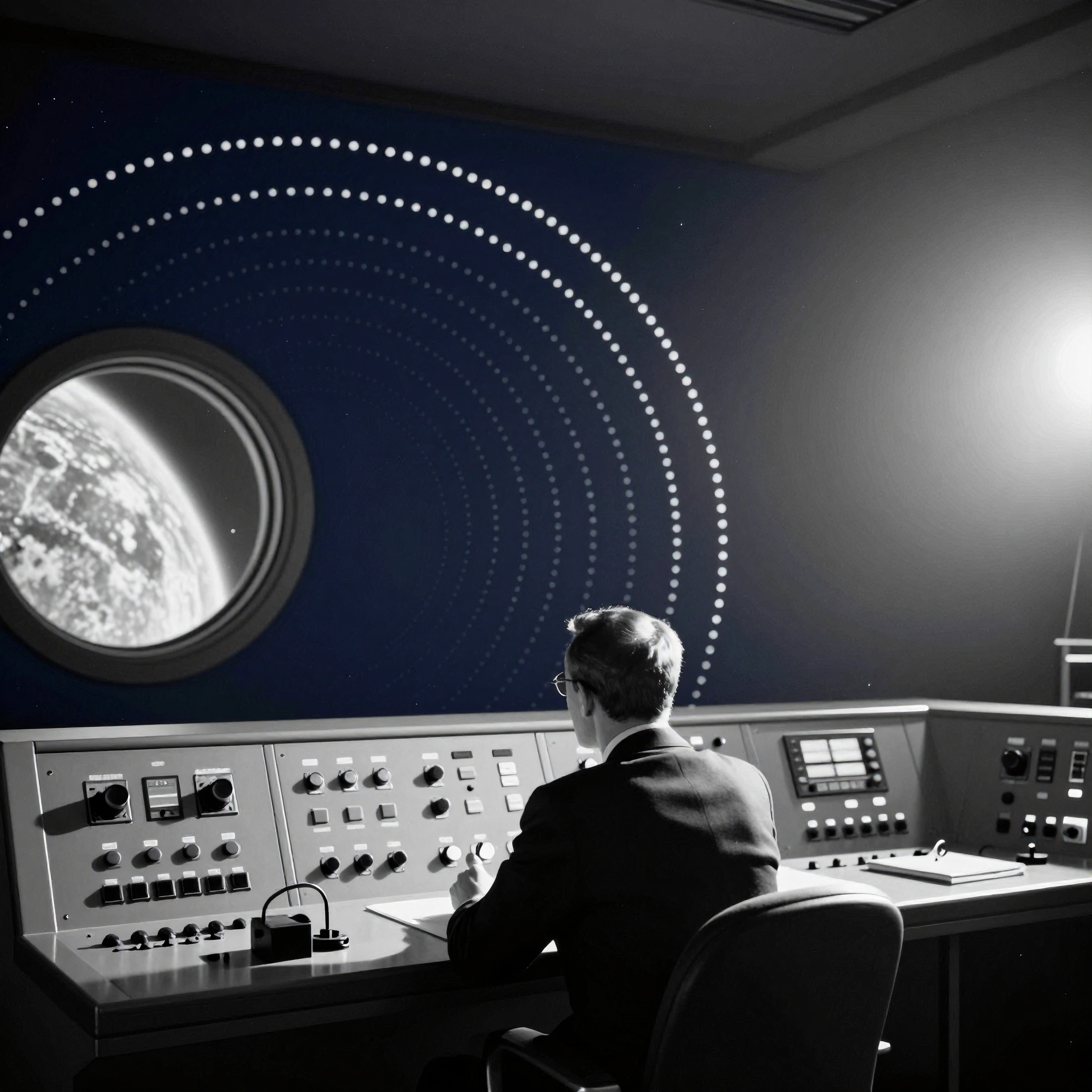 A man sits at a futuristic control console, monitoring Earth through a circular display in a dimly lit room.
