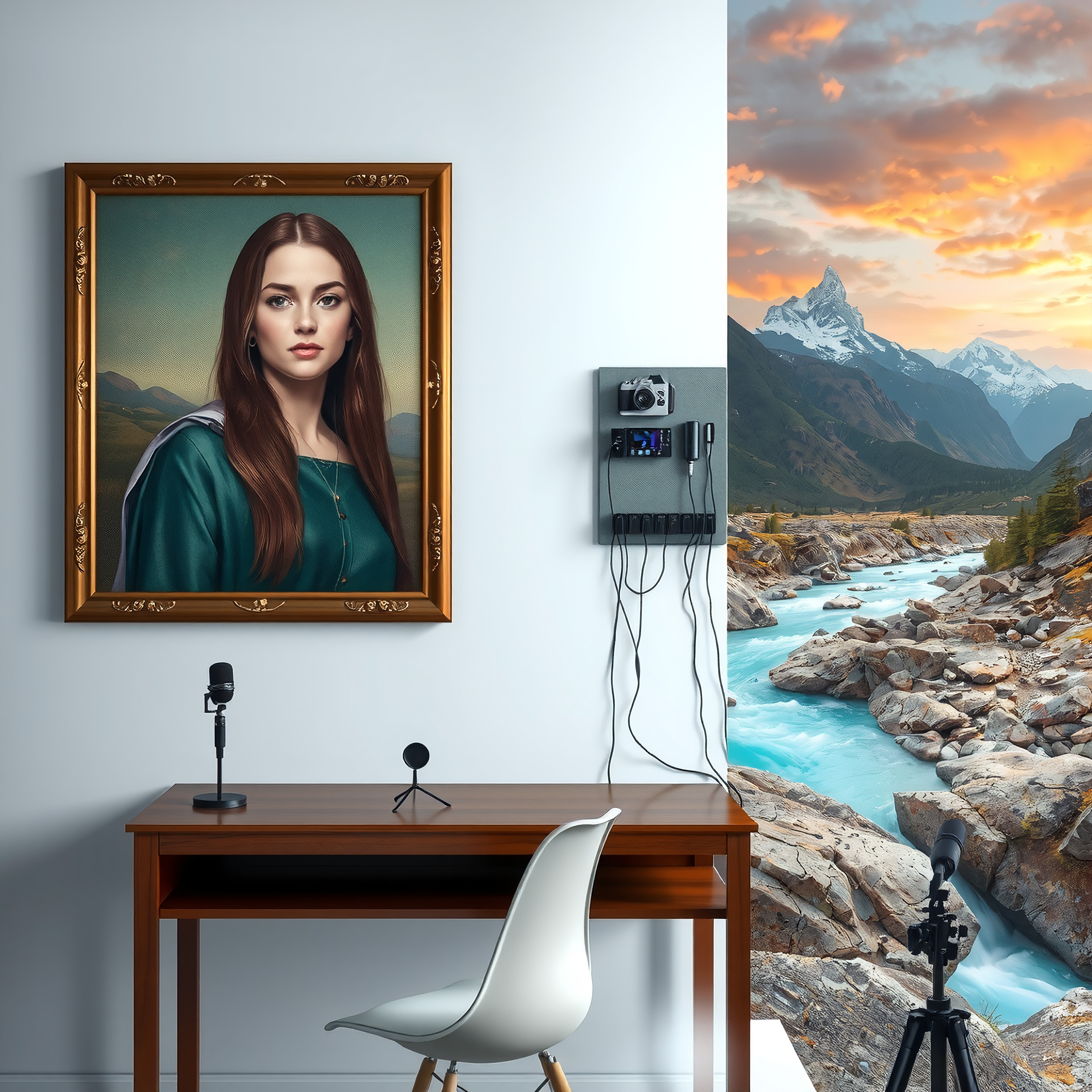 Modern workspace with portrait and breathtaking landscape view.