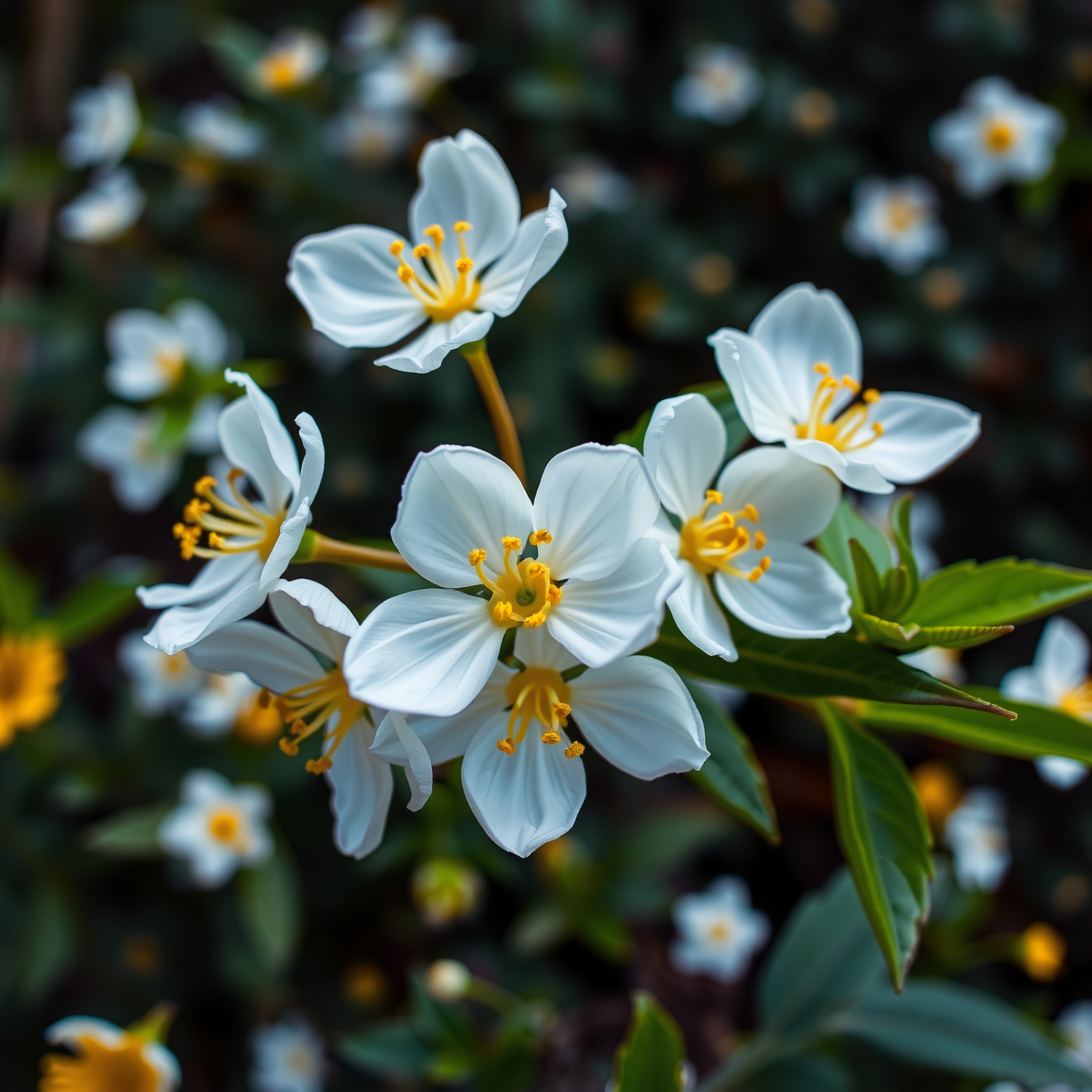 Cluster of white flowers with prominently yellow stamens against dark green foliage.