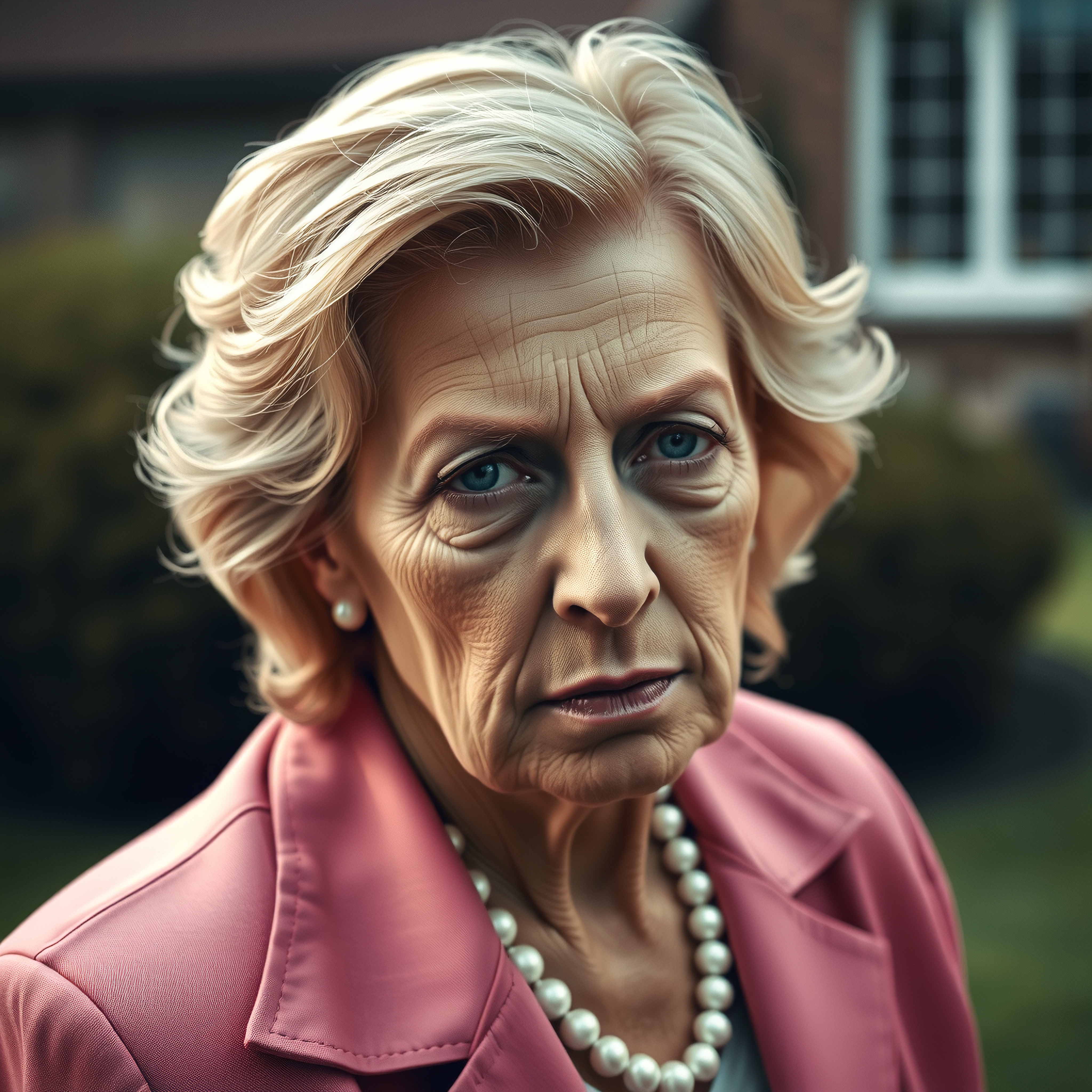 Elegant older woman wearing pearls and pink coat standing outside looking thoughtfully into distance