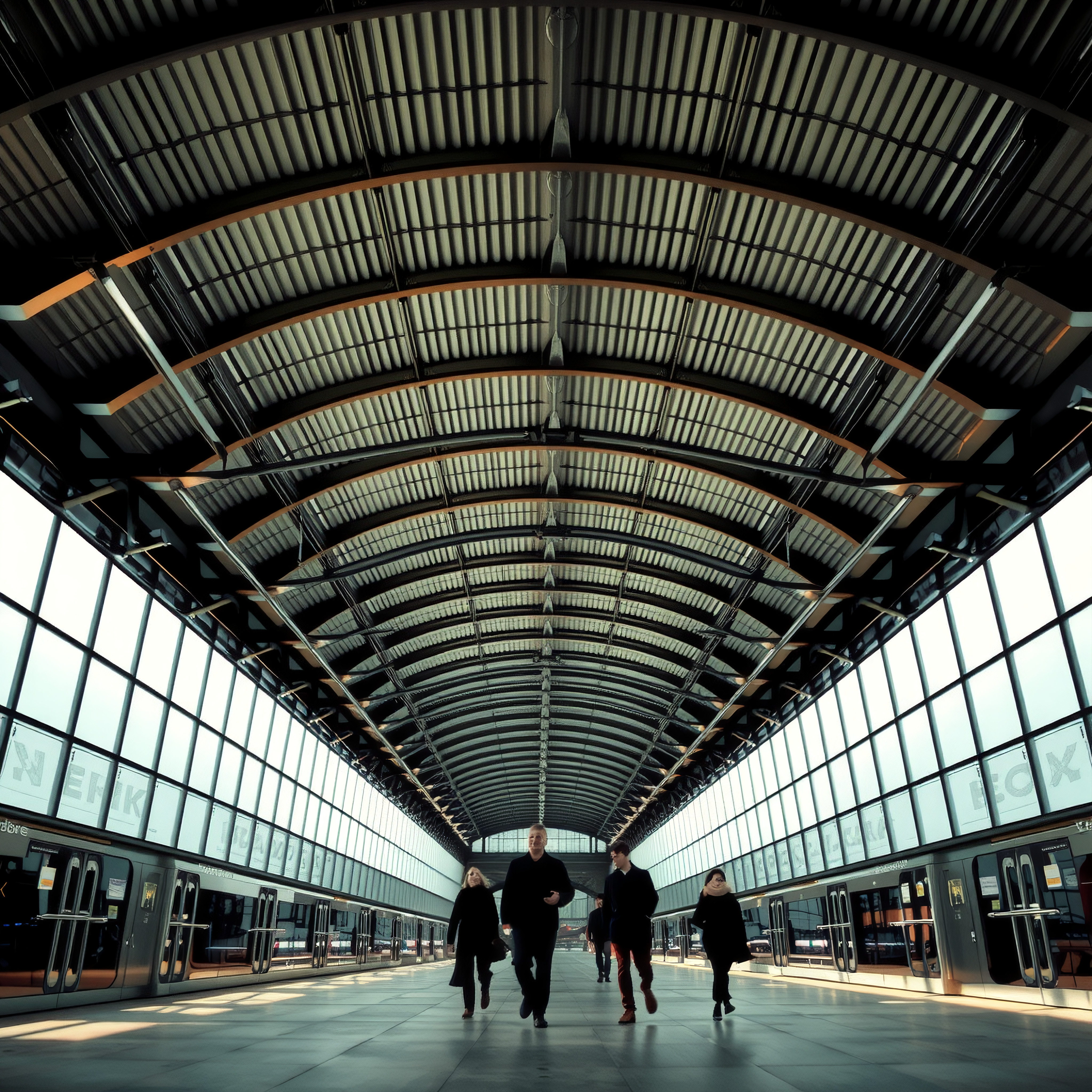 People walking through spacious modern railway station under high vaulted ceilings with natural lighting