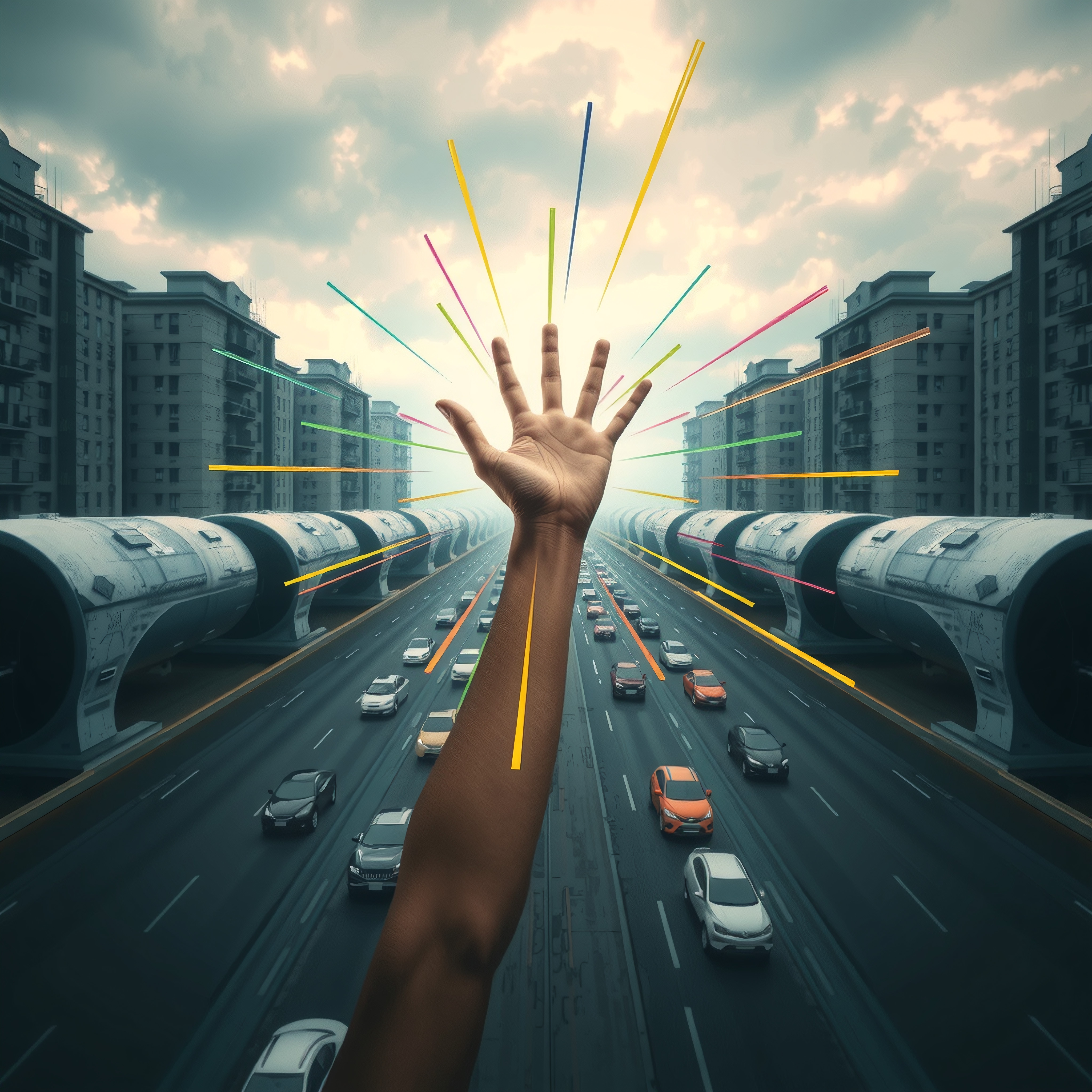 A hand reaching upwards amidst a futuristic highway setting with colorful lines, urban landscape, and cylindrical structures.