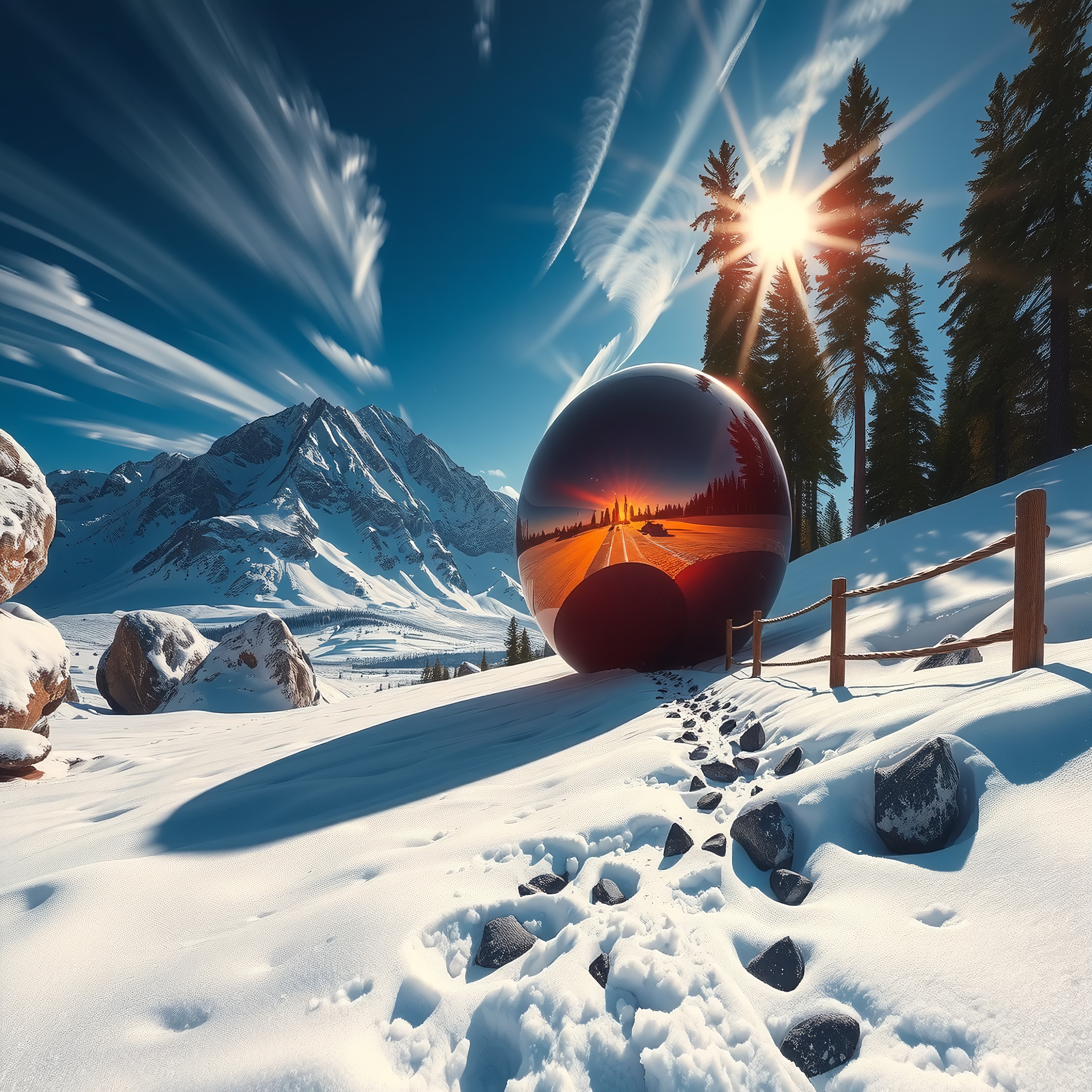 Reflective orb in snowy mountain landscape, sky.
