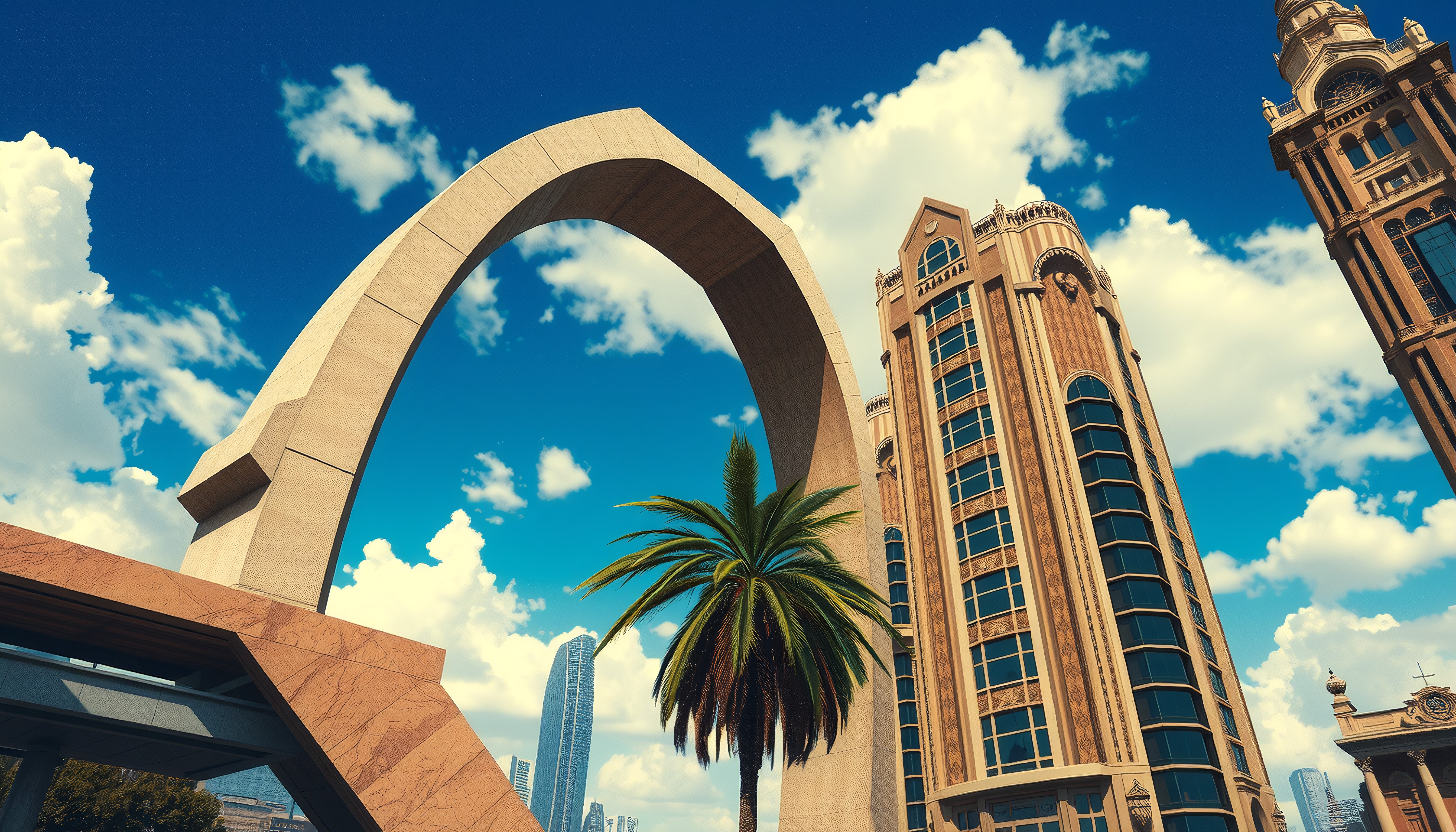 A picturesque cityscape featuring a grand stone archway, palm tree, and ornate buildings against a vibrant blue sky.