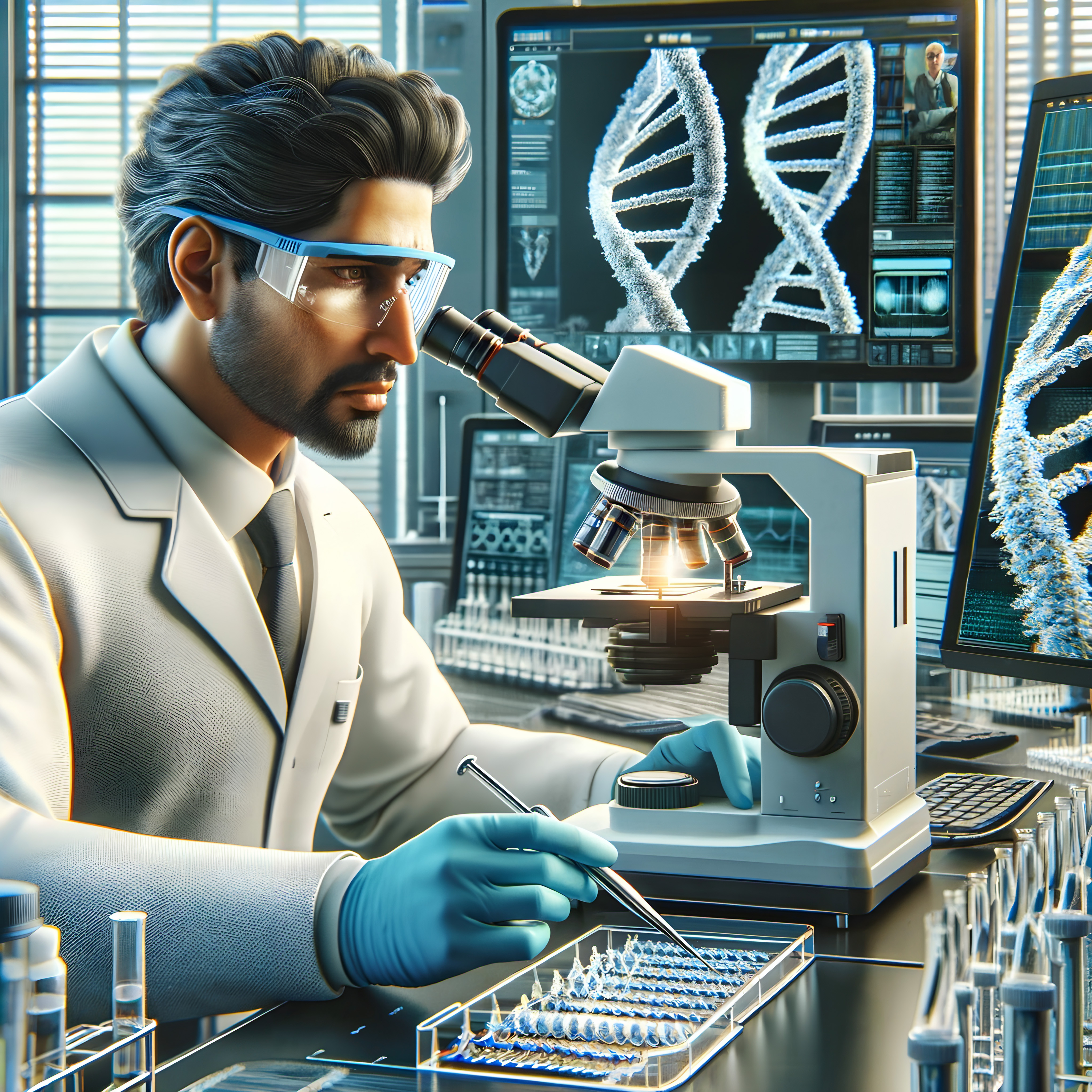 Scientist Using Microscope To Analyze DNA Samples In Modern Labo