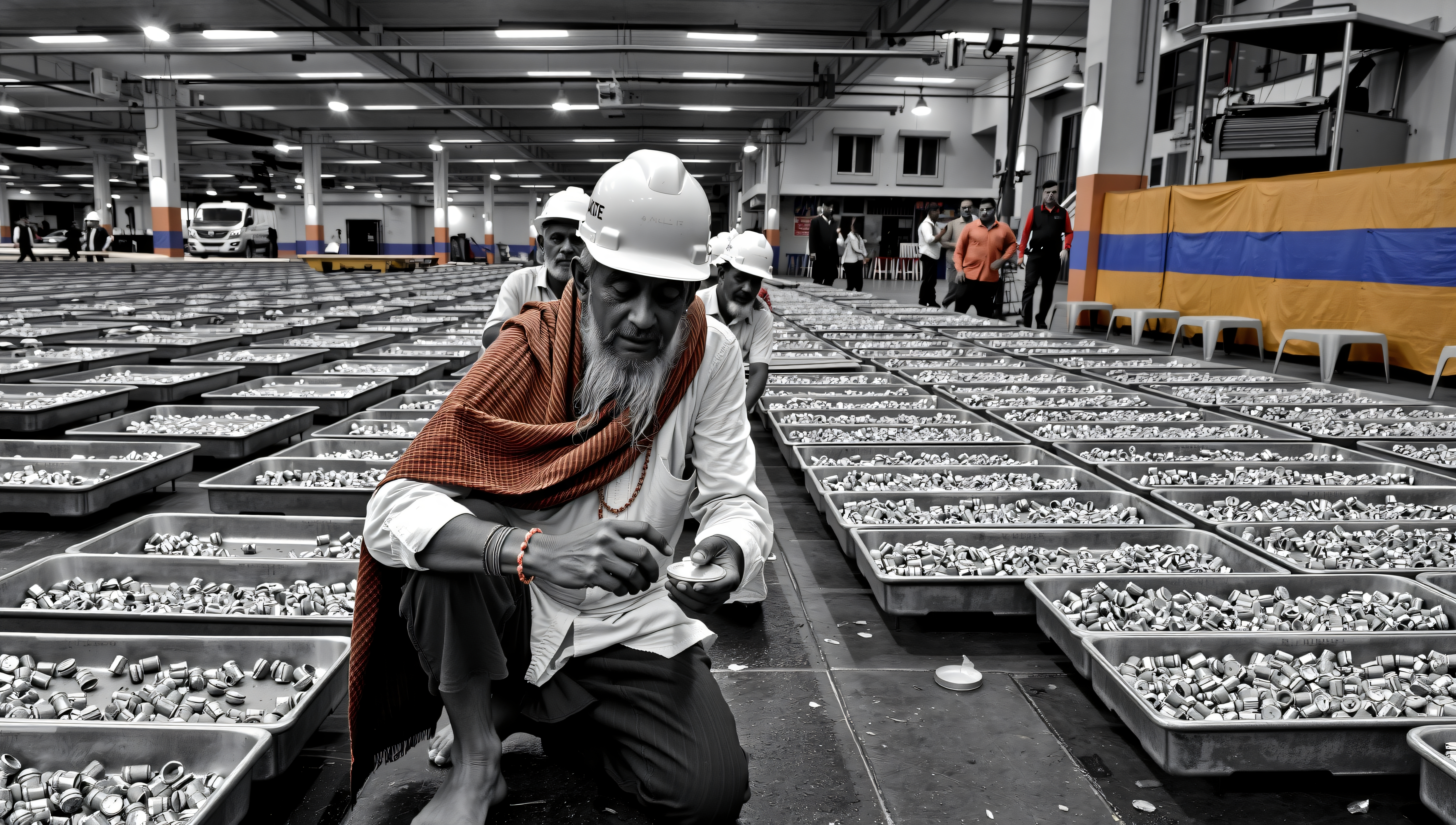 Industrial worker inspects metal parts at busy factory.