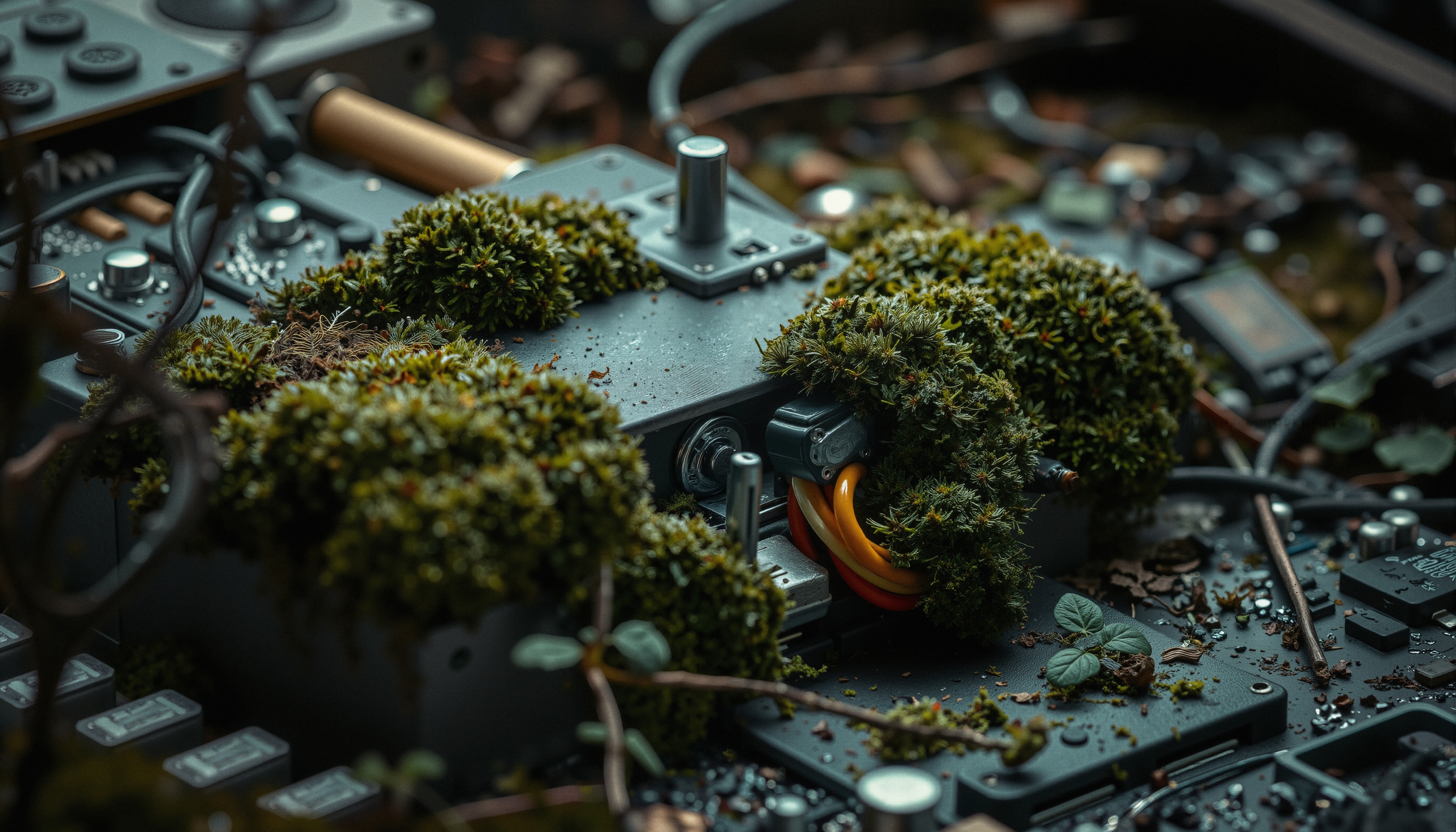 A piece of electronic equipment overgrown with moss in an outdoor setting.