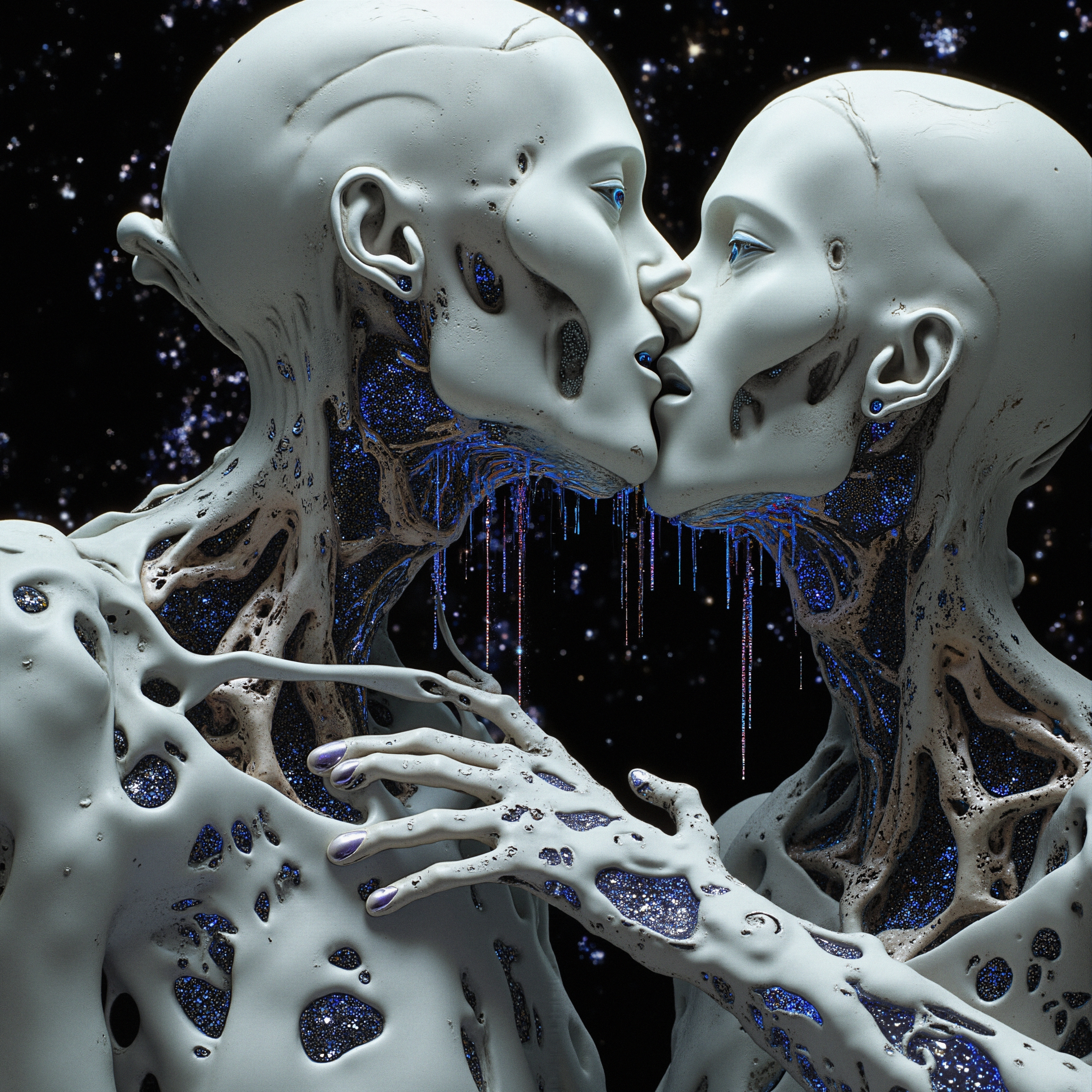 A captivating image of two abstract humanoid figures kissing against a starry sky, with luminescent blue details.