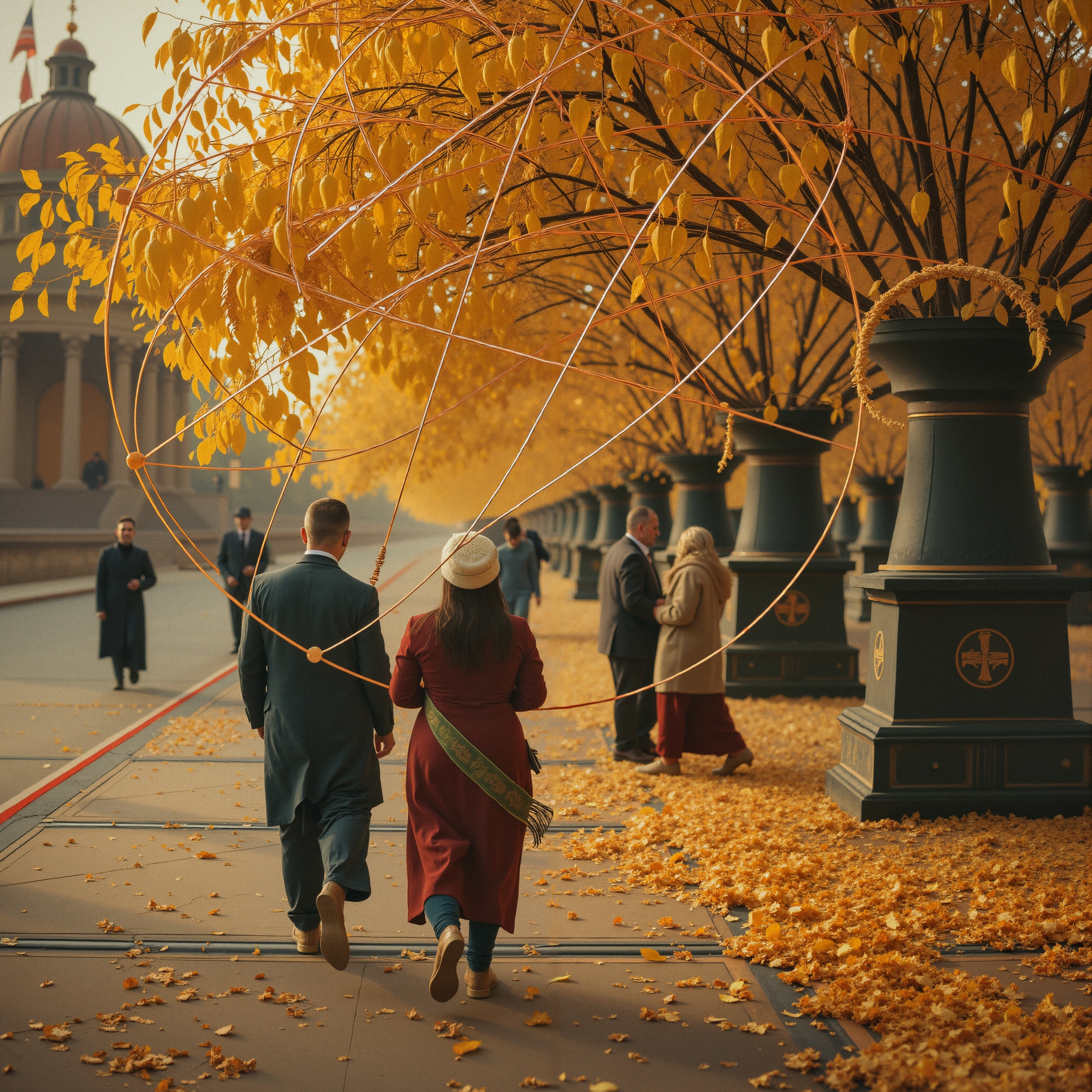 A couple walks under golden trees on a scenic path in autumn.