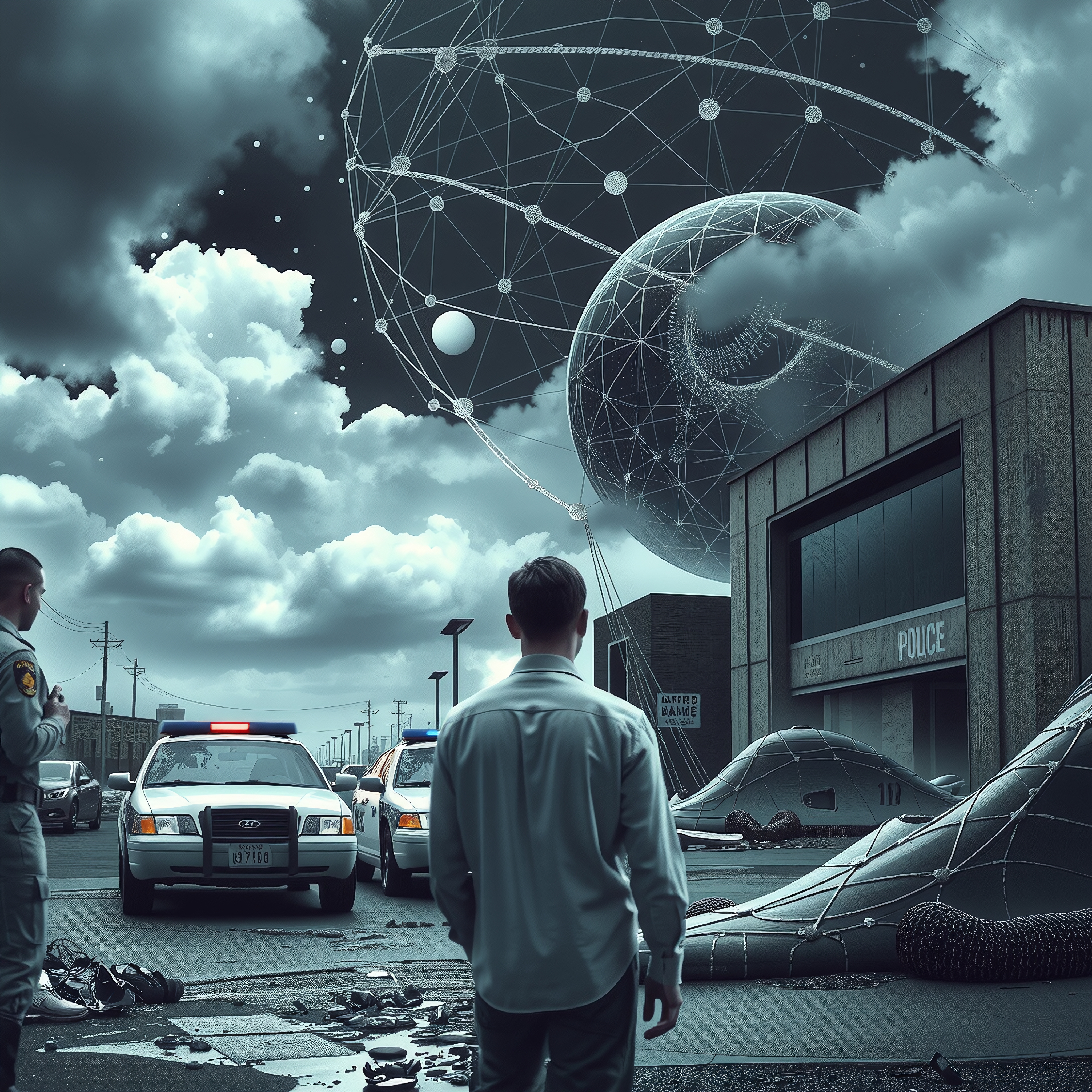 A man stands before police cars under a futuristic cosmic sky with swirling spheres and debris.