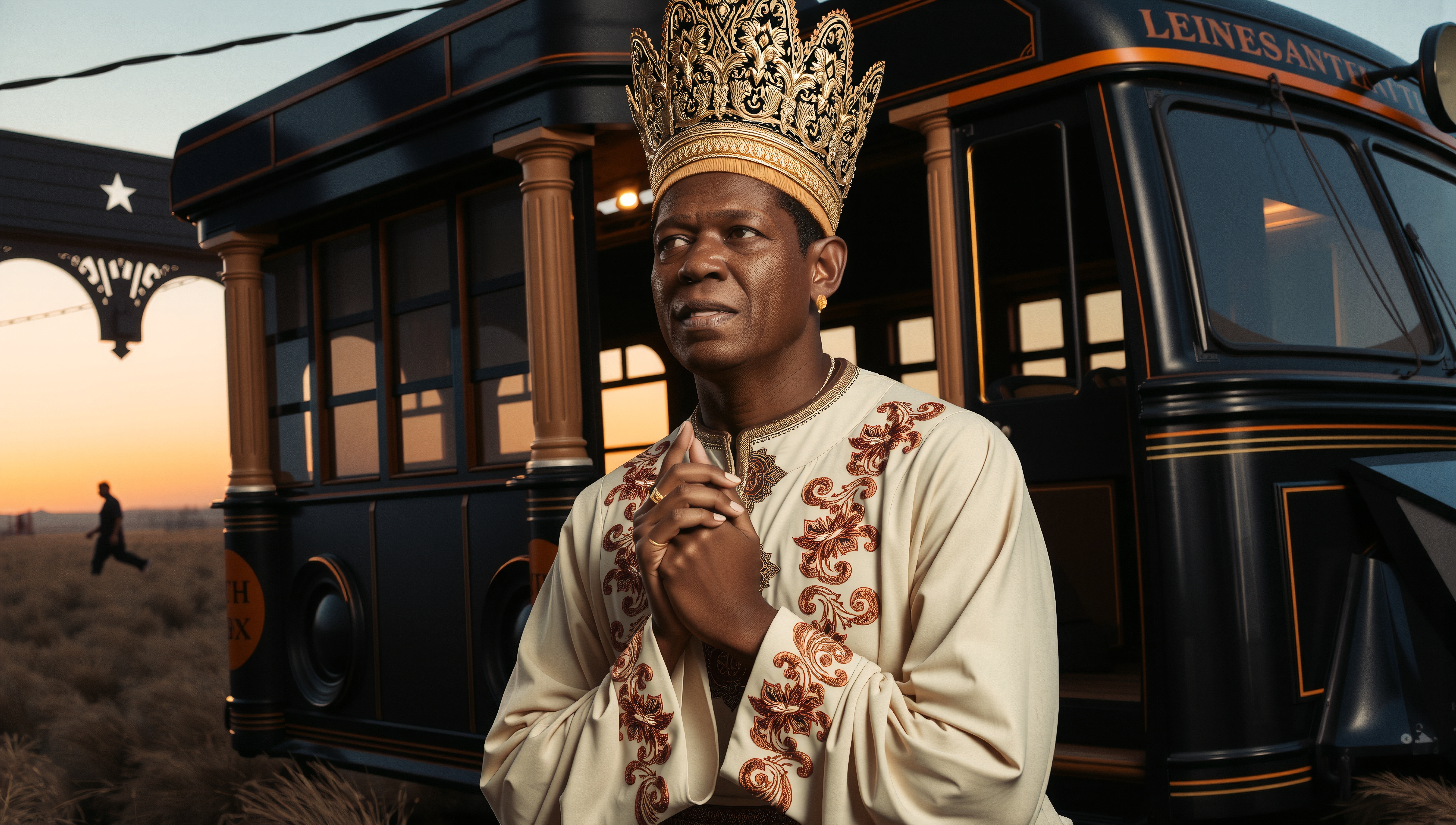 Man in ornate robe and crown stands thoughtfully before vintage tram at sunset.