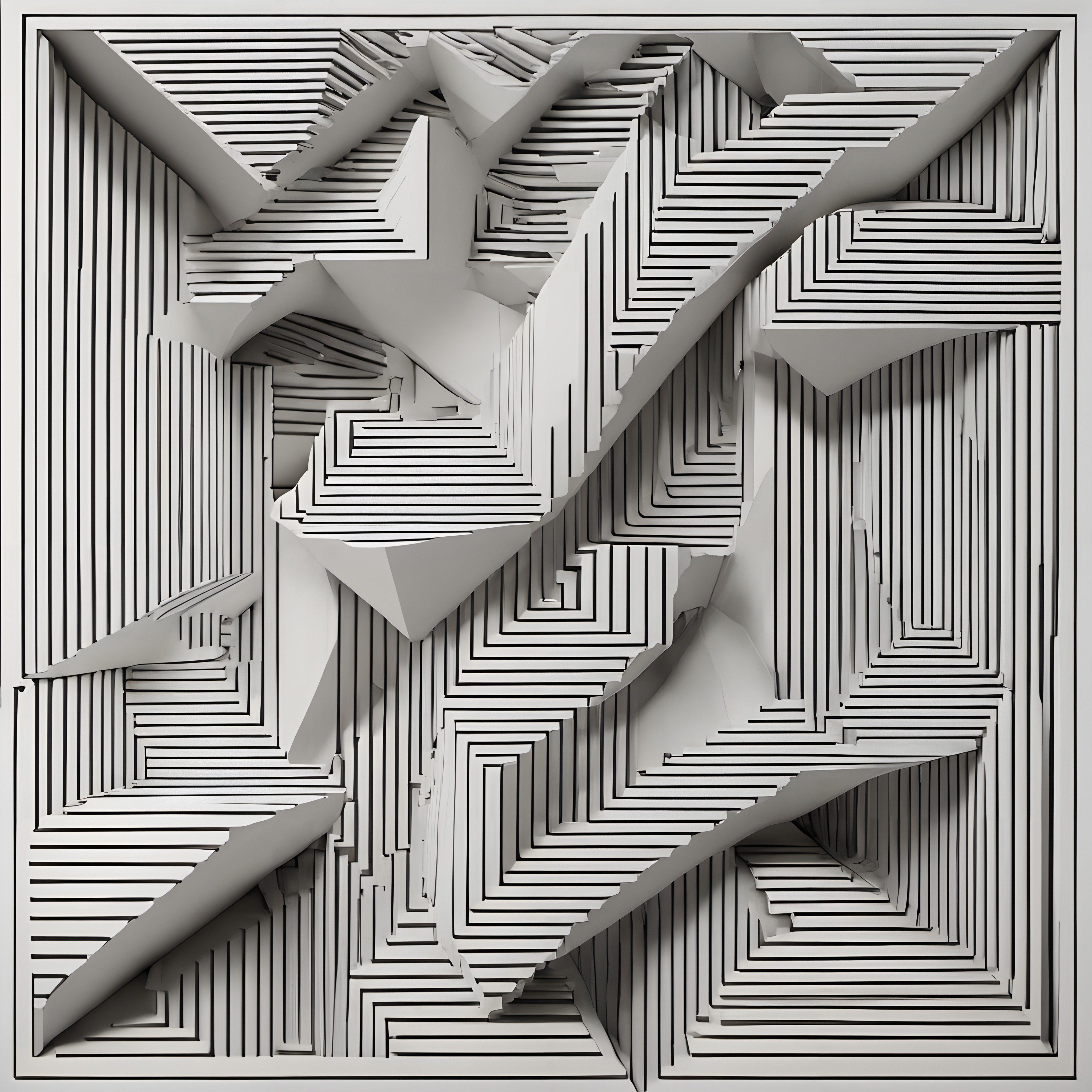 Abstract geometric artwork featuring intricate black lines and shapes creating a three-dimensional effect.