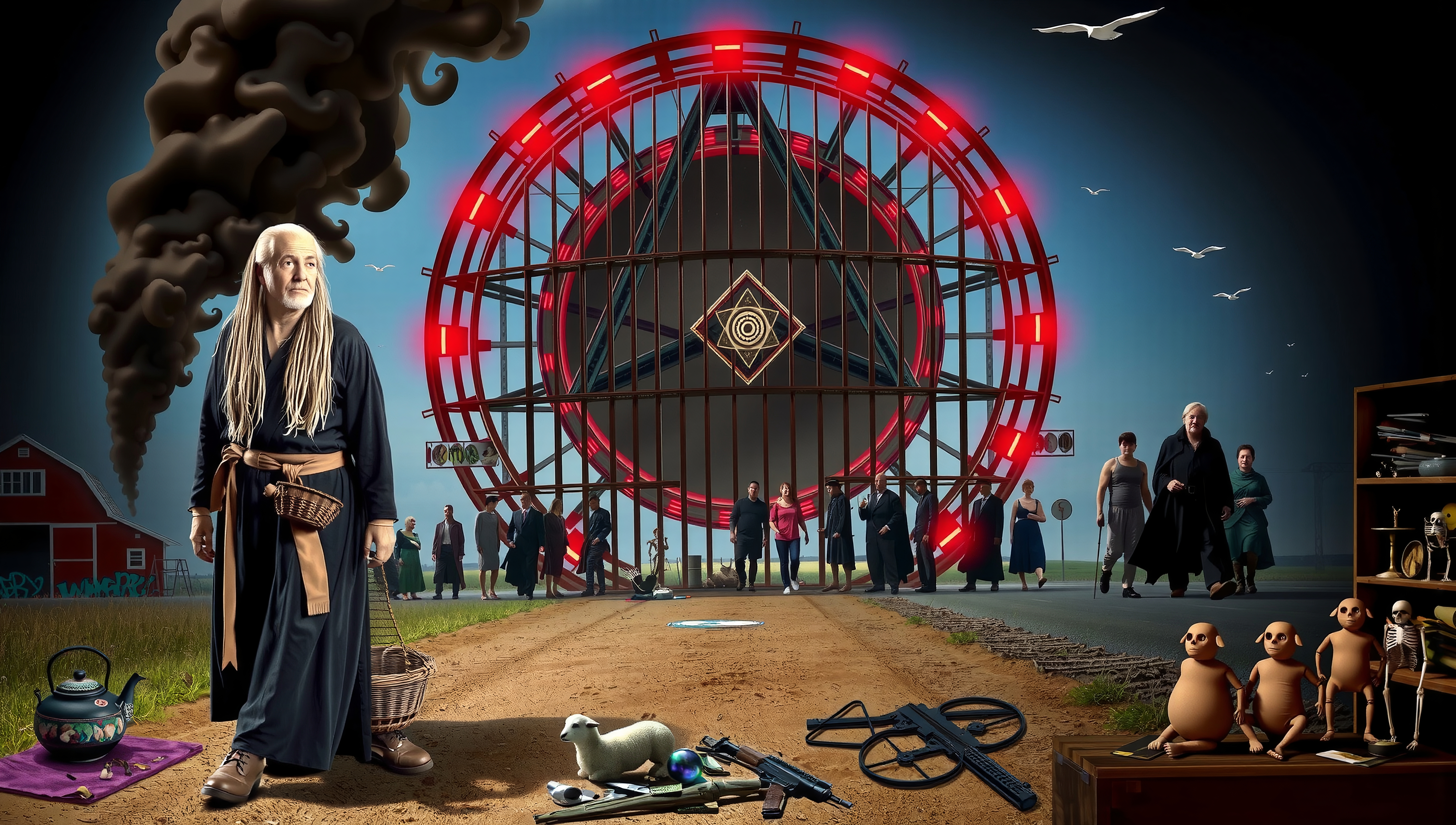 A man with long white hair stands near a path leading to a large illuminated wheel, surrounded by various curious objects and a group gathering.