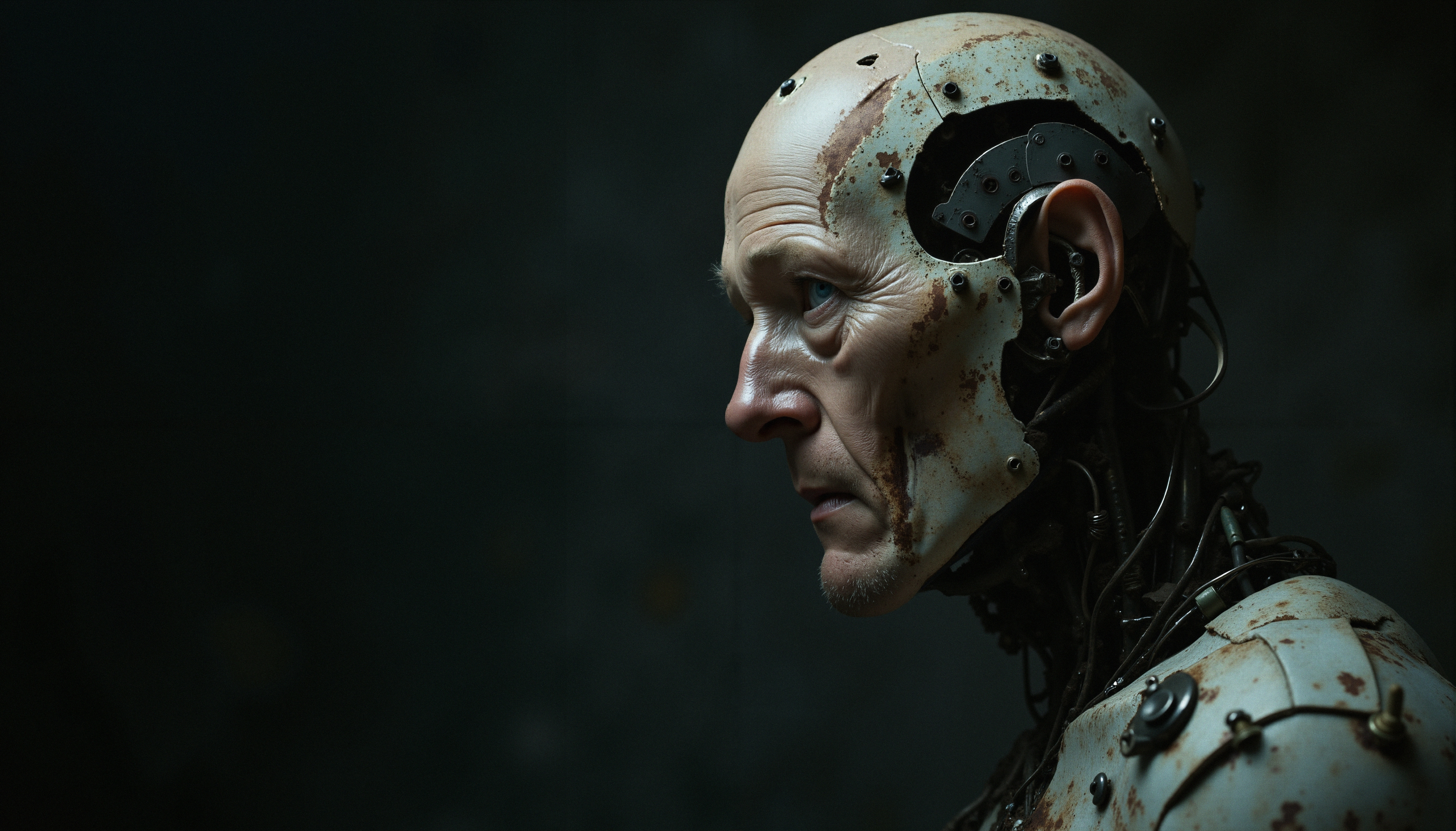 Side profile of a humanoid robot with exposed mechanical parts and human-like features, showcasing the blend of technology and realism.