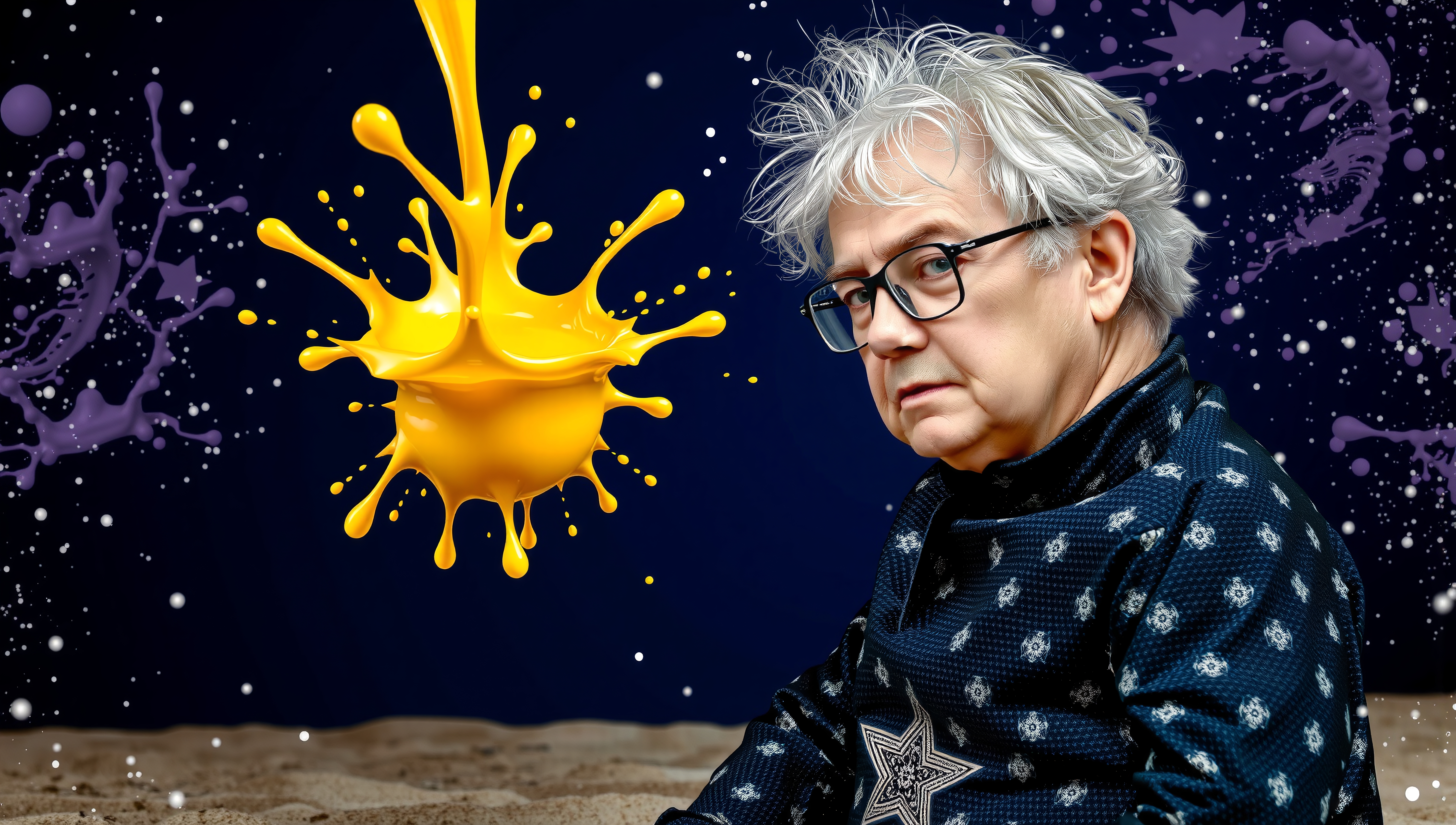 An older man with glasses and silver hair sits against a cosmic-themed background, featuring yellow and purple liquid splashes.
