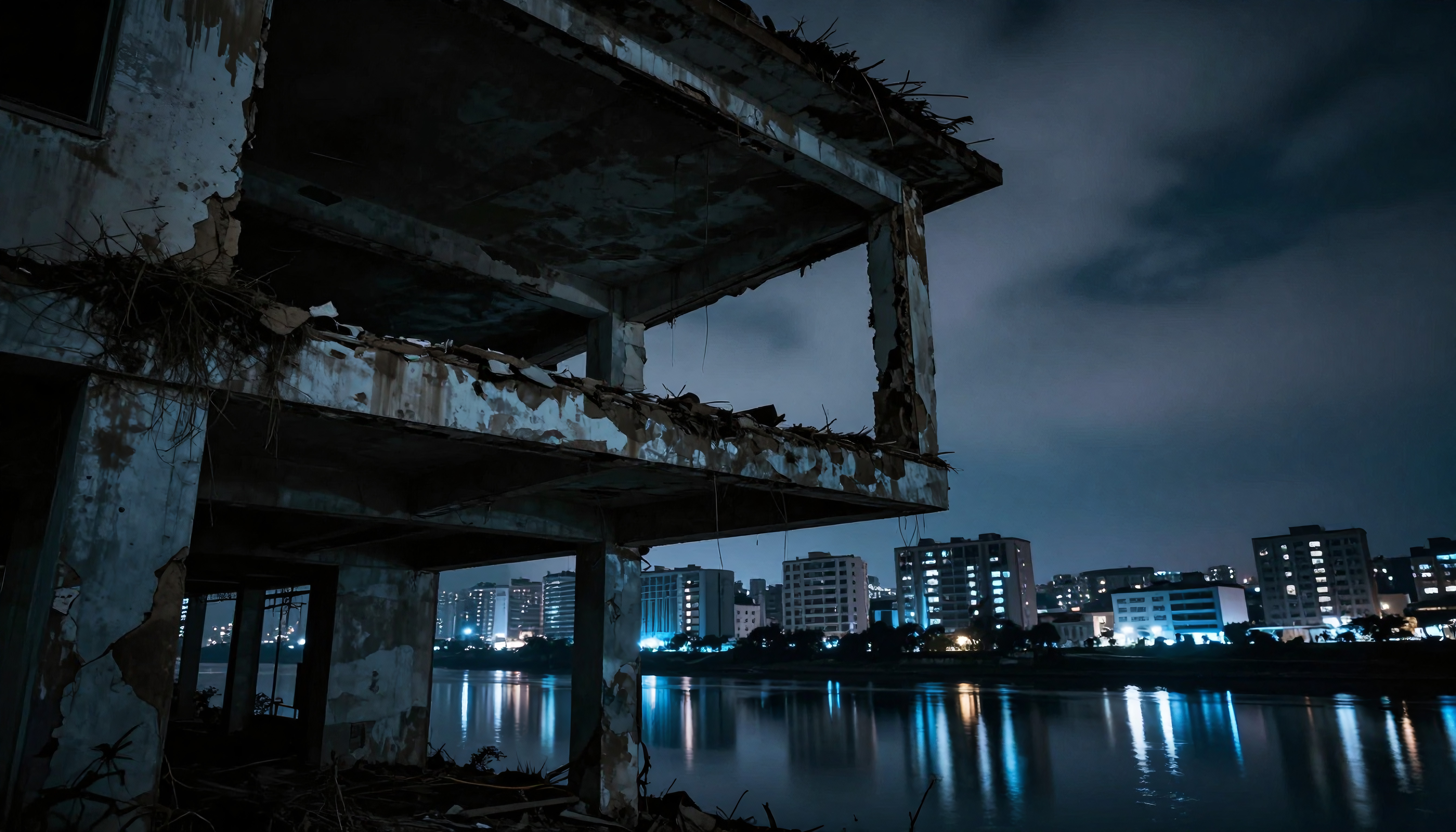 Abandoned ruined building overlooking illuminated city skyline reflected in tranquil nighttime river