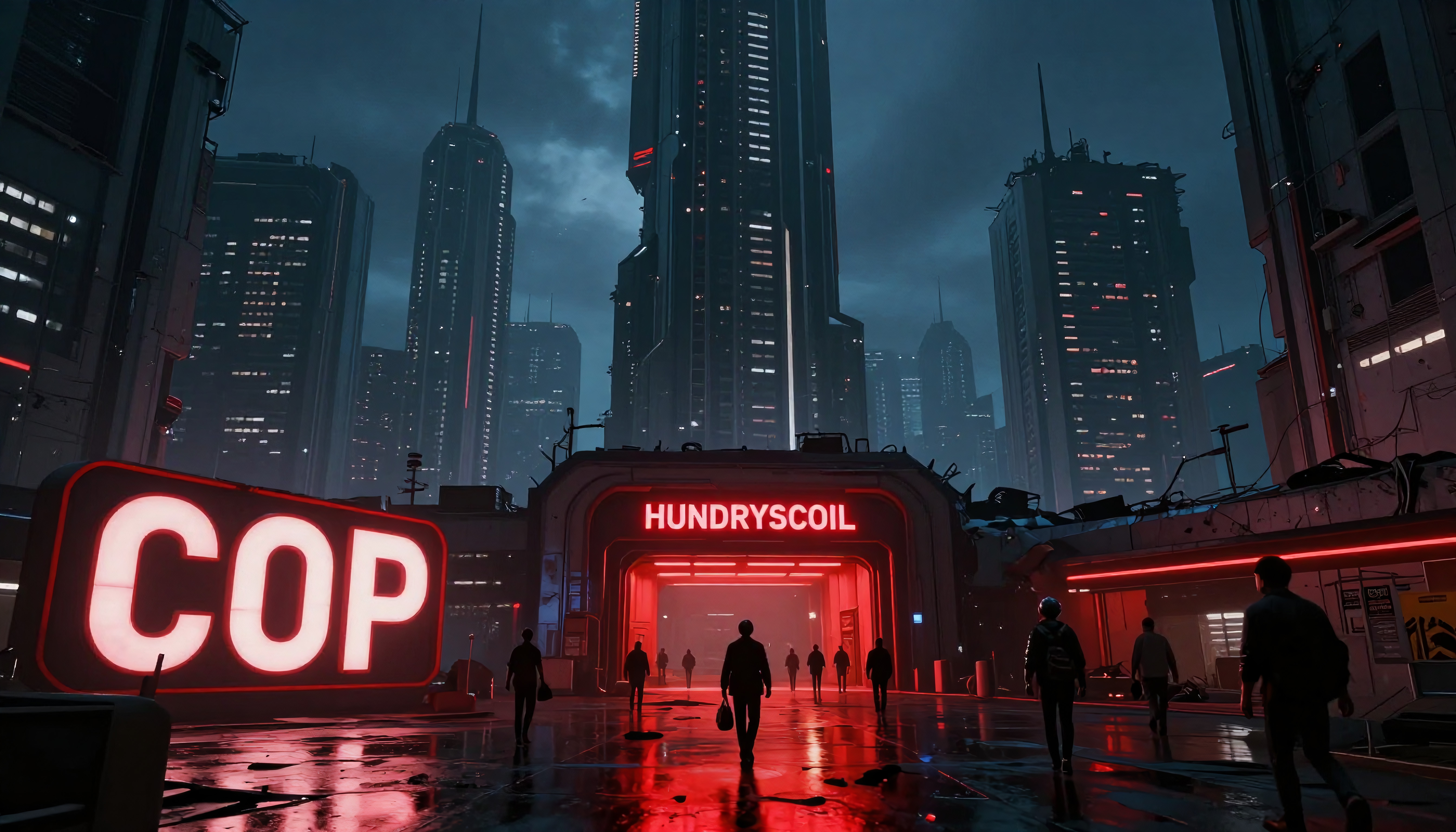 Futuristic cityscape with neon lights and silhouettes.