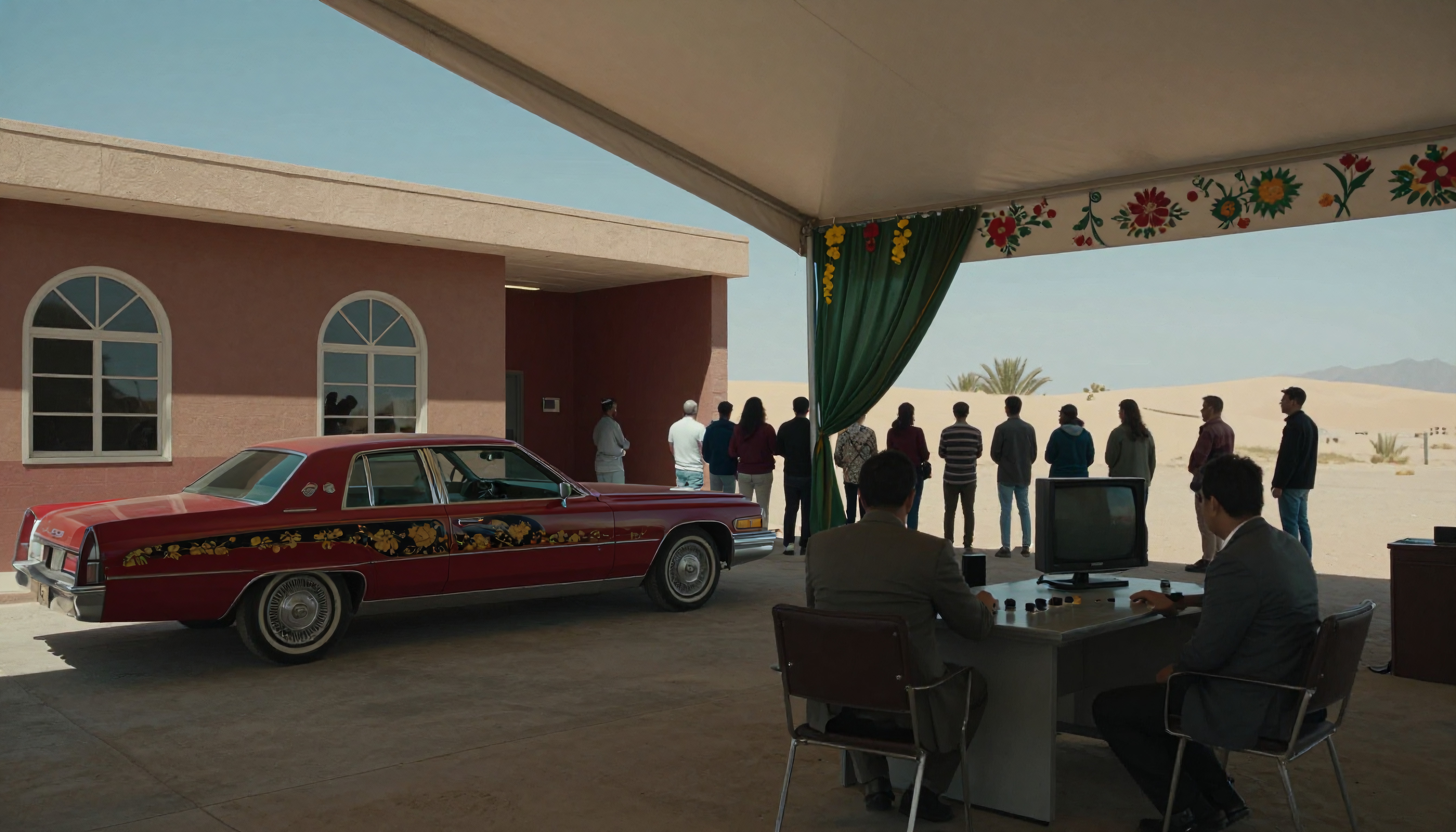 A red vintage car, people in line, and a control desk under a desert tent.