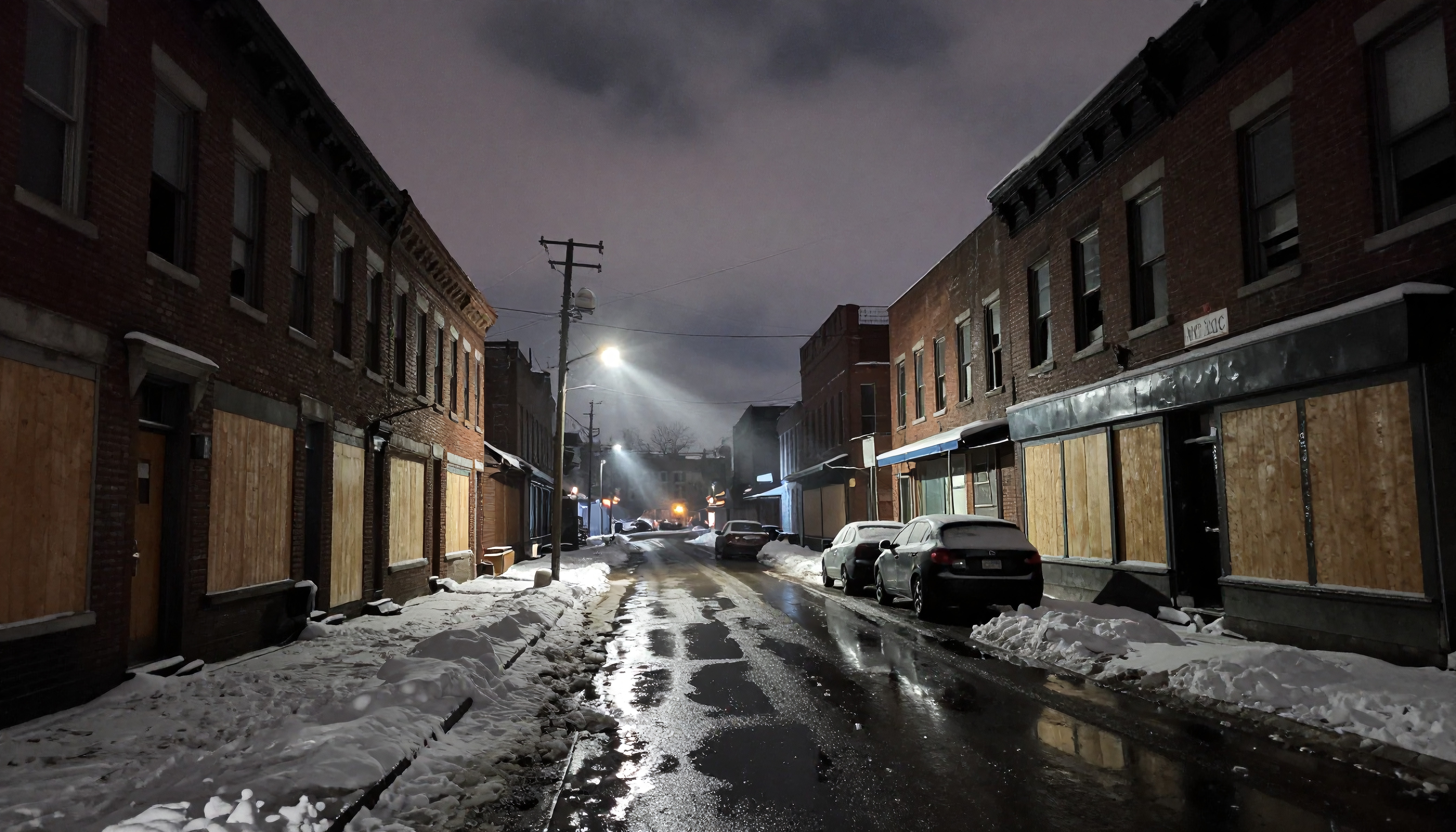 A dimly lit snow-covered urban street with abandoned buildings and parked cars under a cloudy night sky.