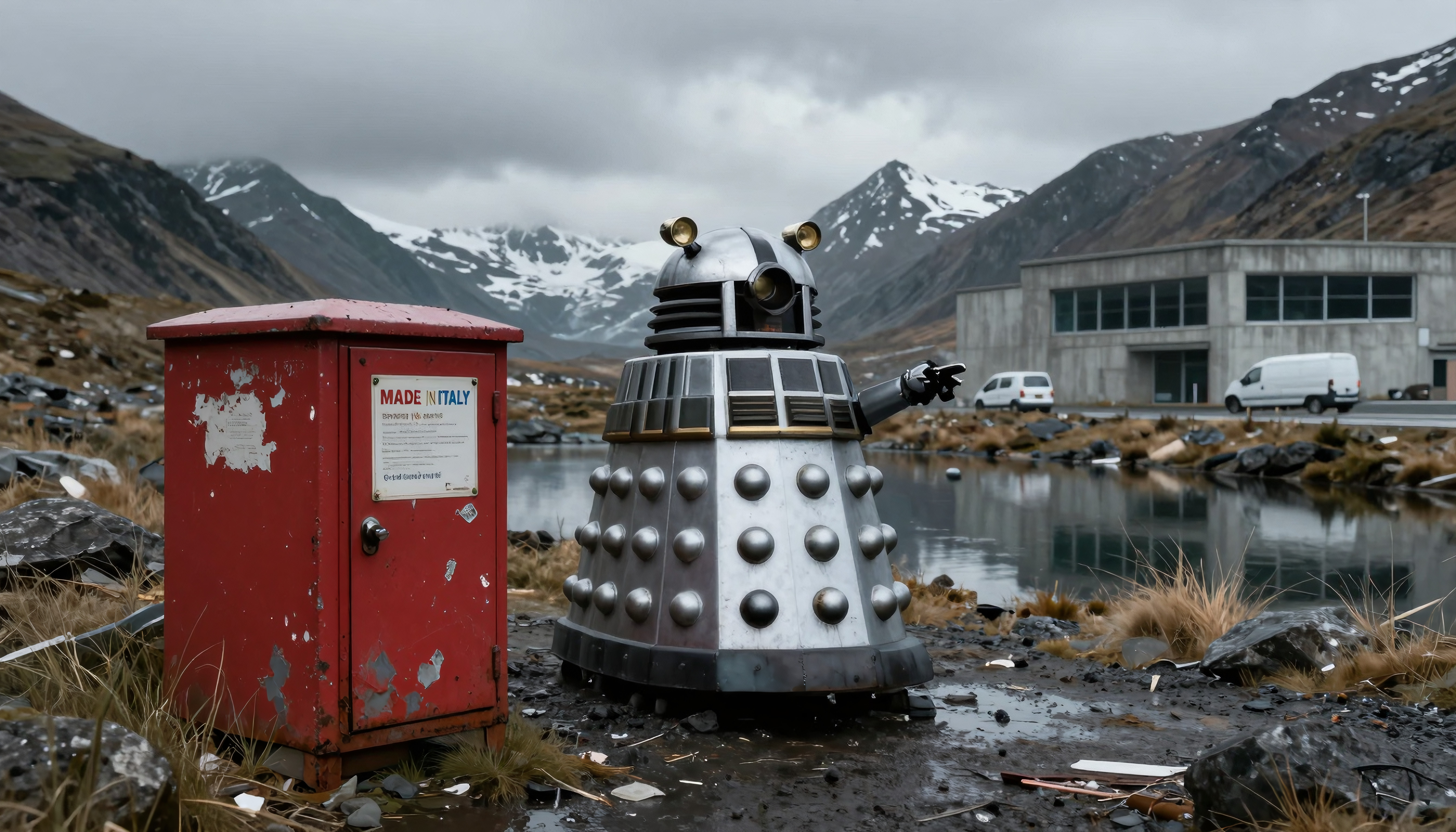Dalek robot near red MADE IN ITALY utility box, mountain landscape, concrete building, pond reflection