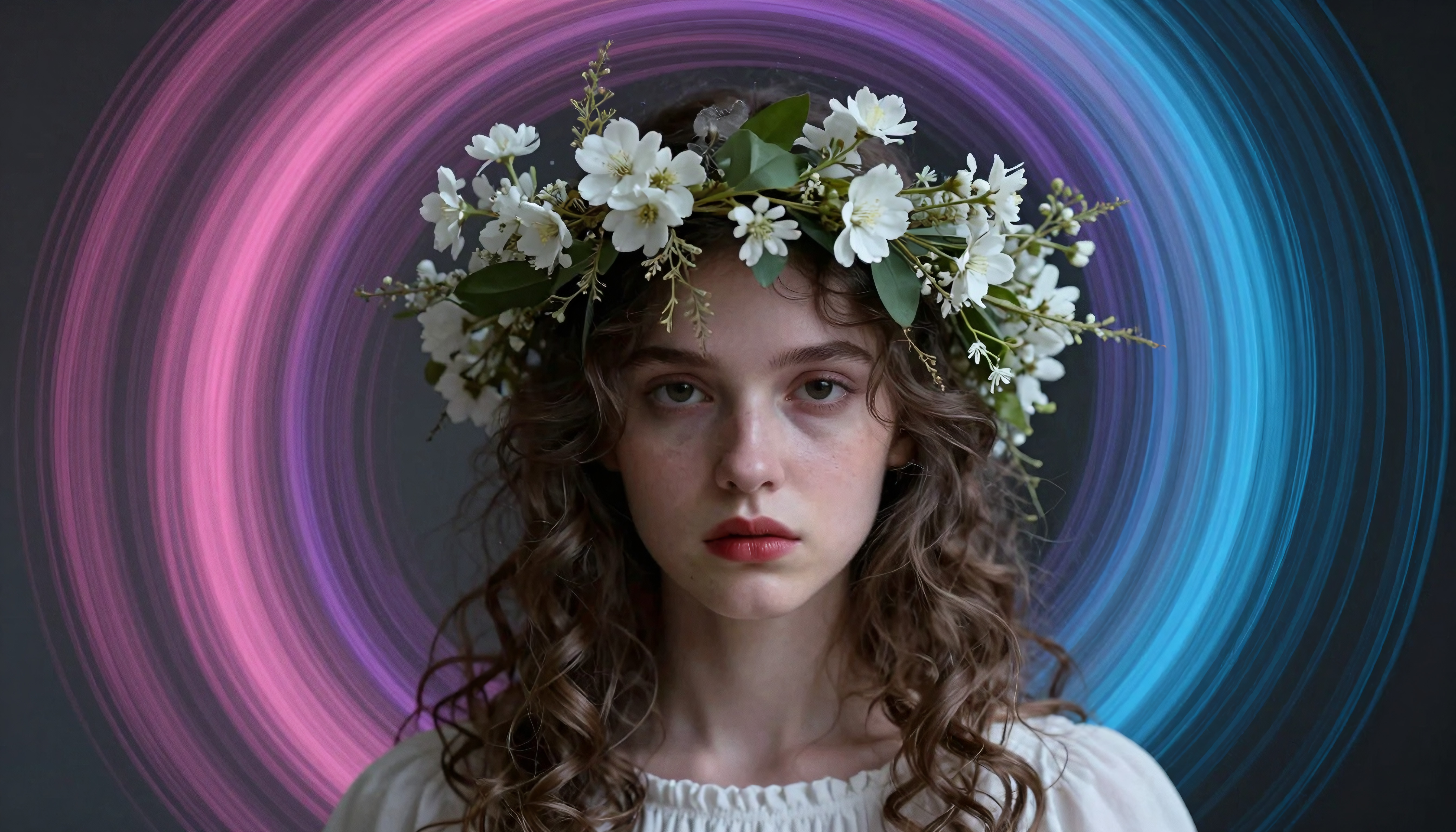 Portrait of a Young Woman Wearing a Floral Wreath against a Vibr