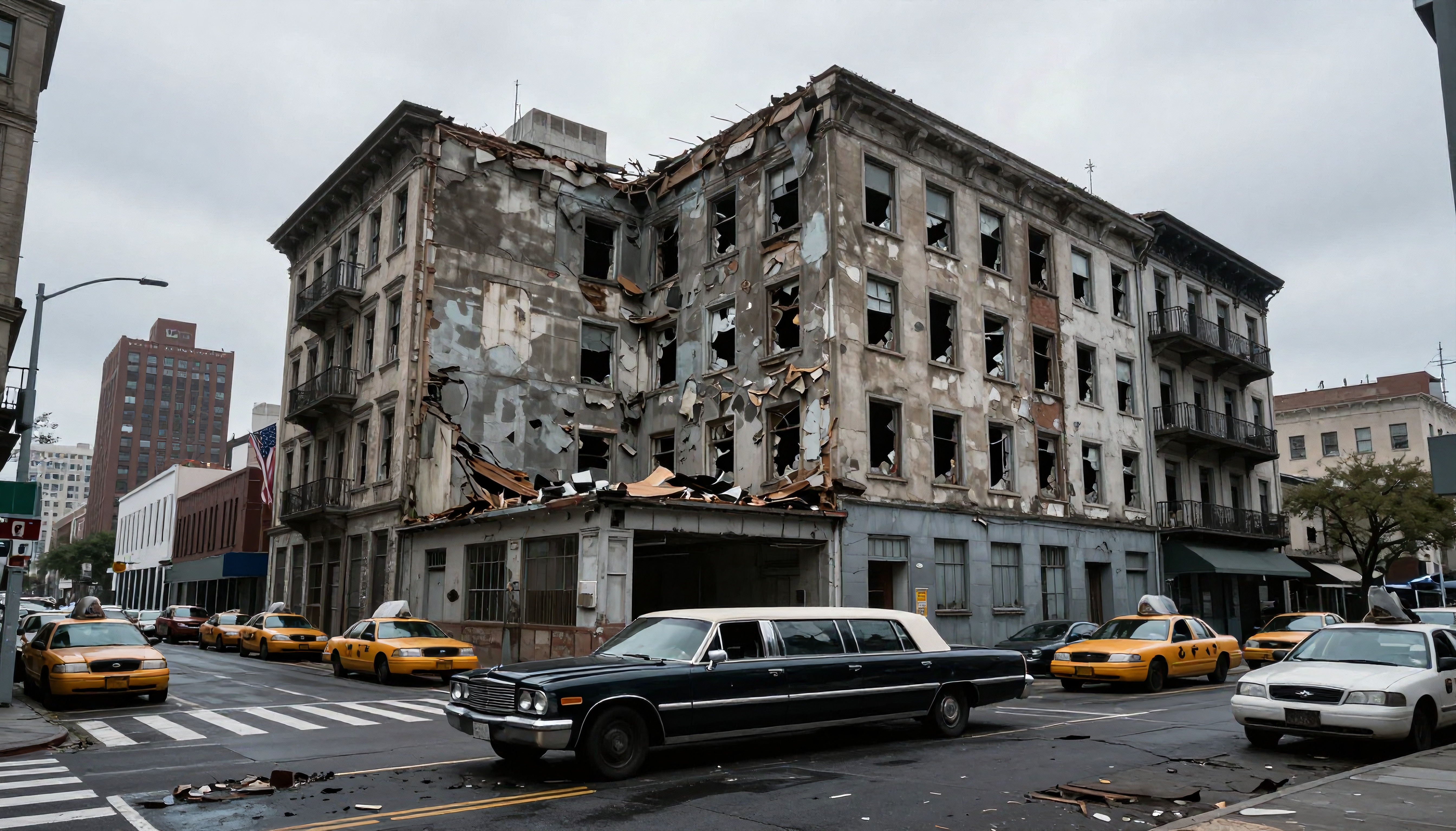 An abandoned urban building with damaged facade and parked taxis.
