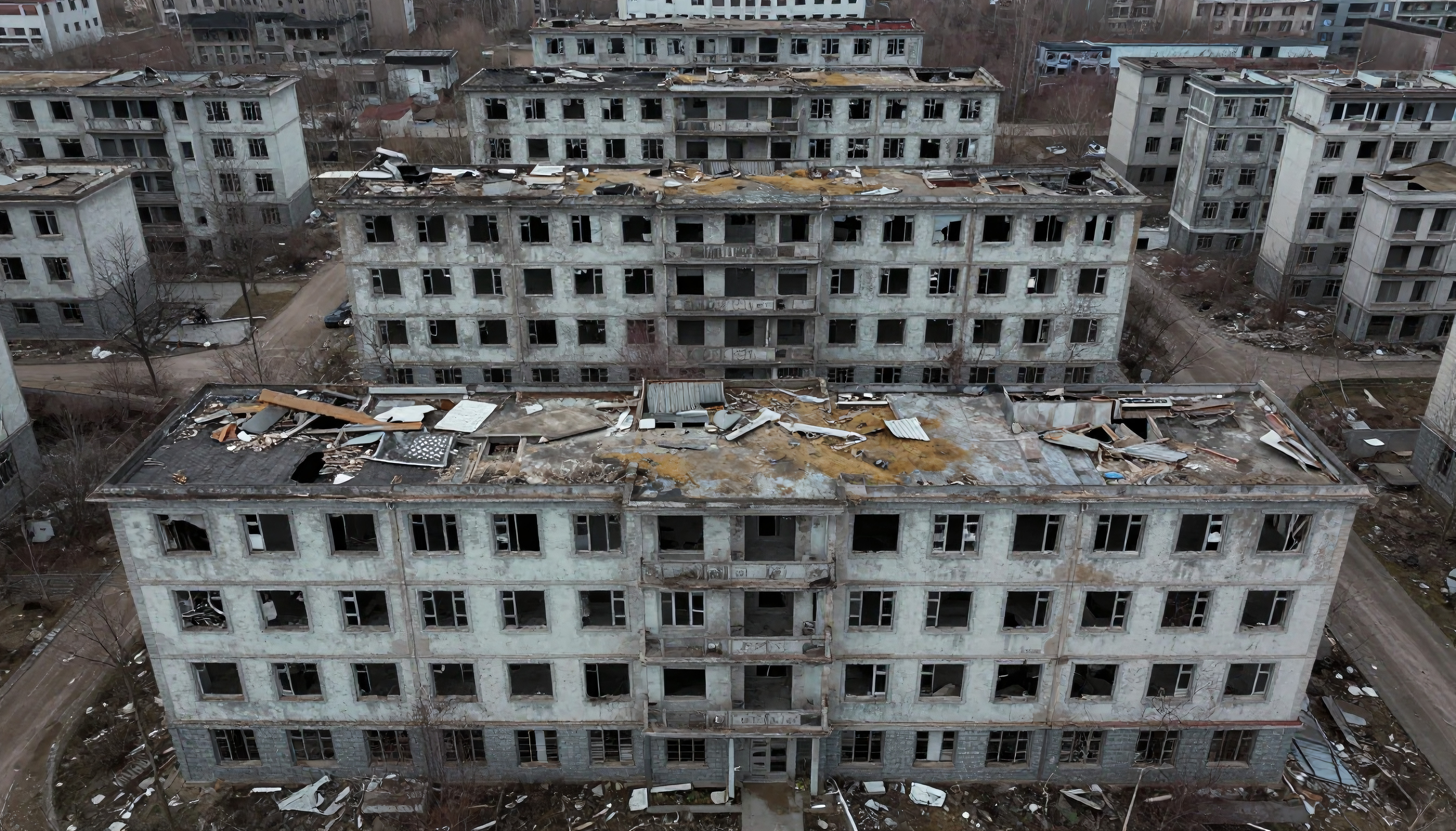 Abandoned Russian Apartment Buildings Drone View Decay Architecture Ruin Landscape Winter Overhead Shot
