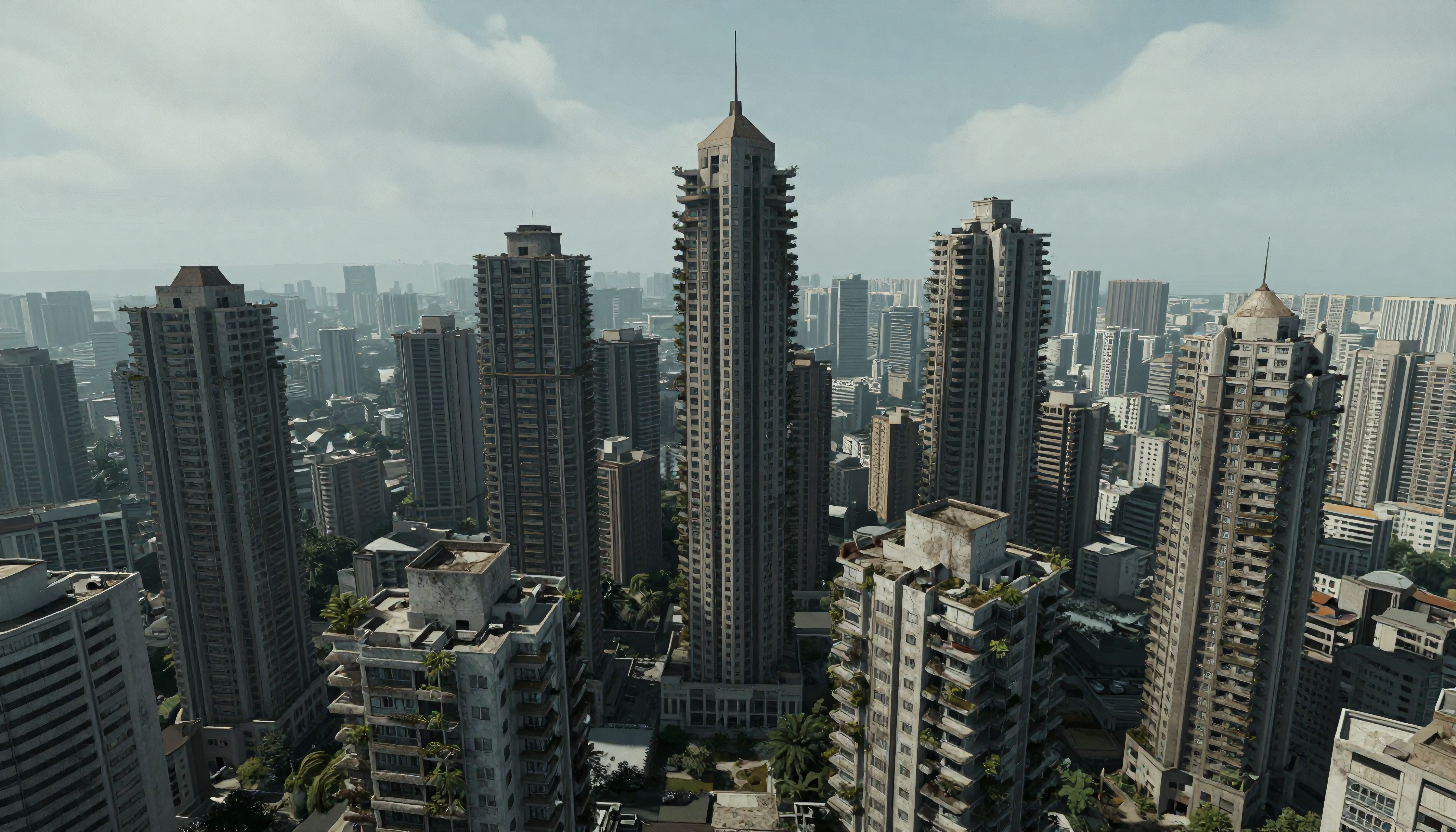 Abandoned Modern City Skyscrapers with Overgrown Vegetation