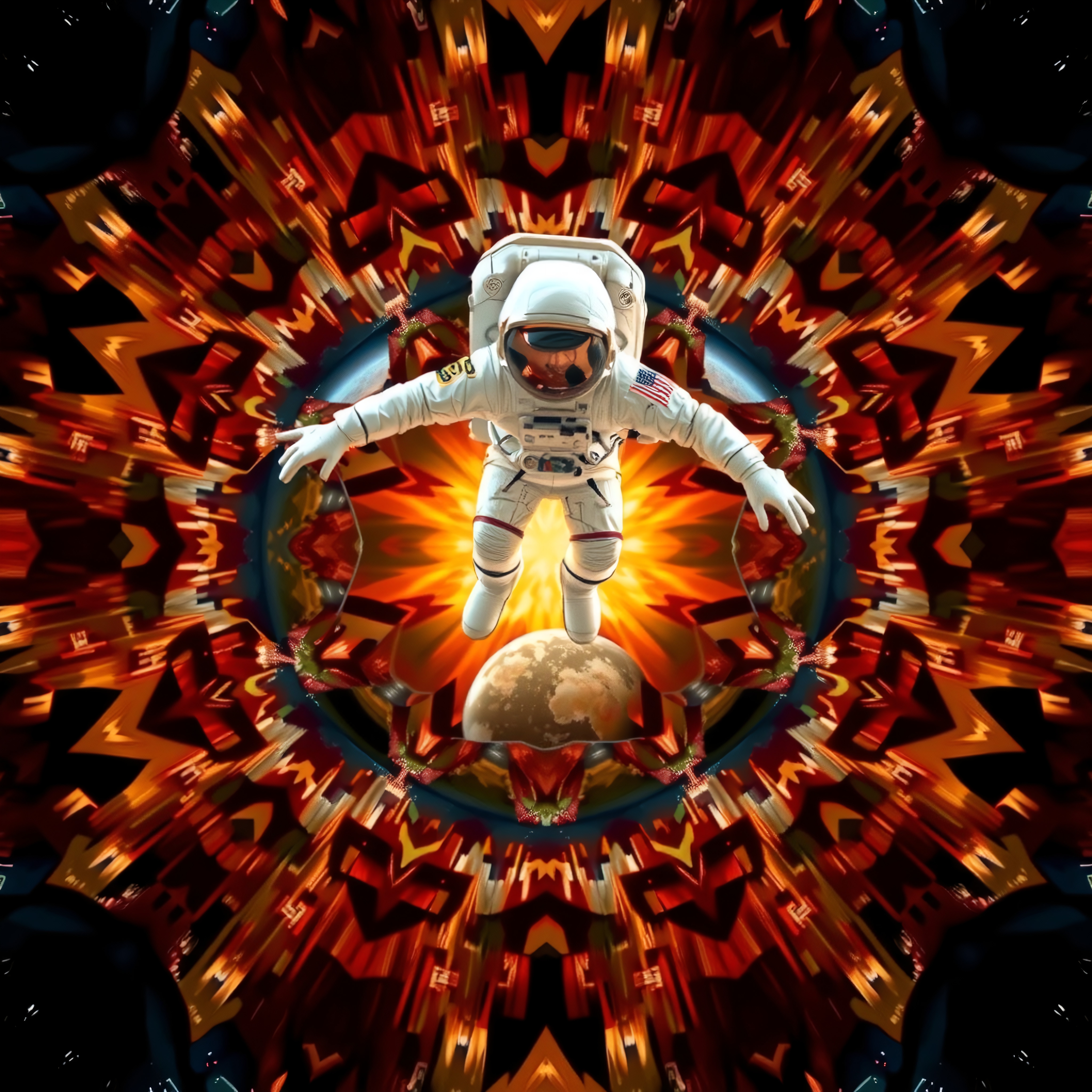 Astronaut floating amid colorful cosmic kaleidoscope explosion.