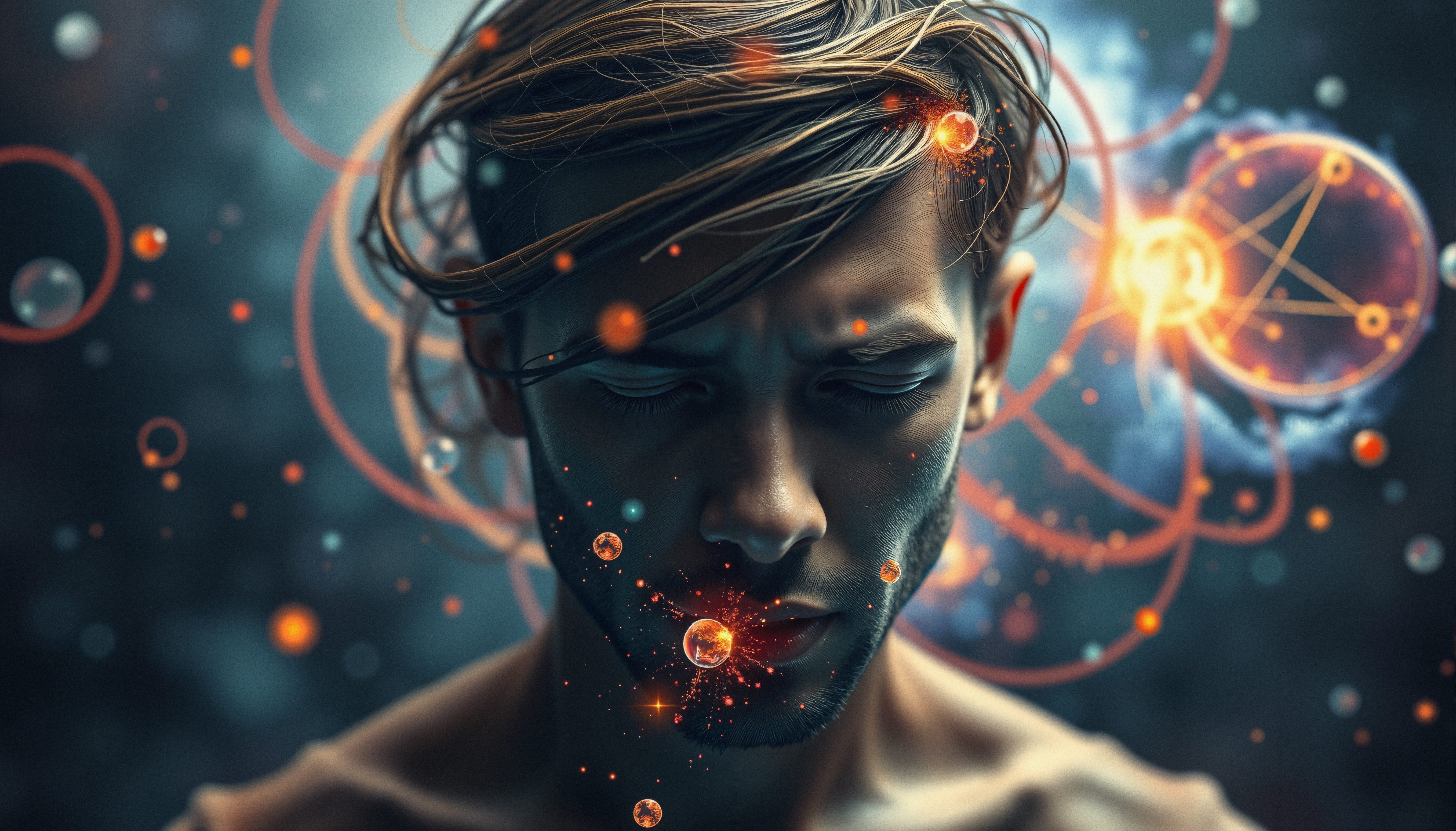 Depicted is a man in deep meditation surrounded by digital elements and glowing orbs, symbolizing cosmic connectivity.
