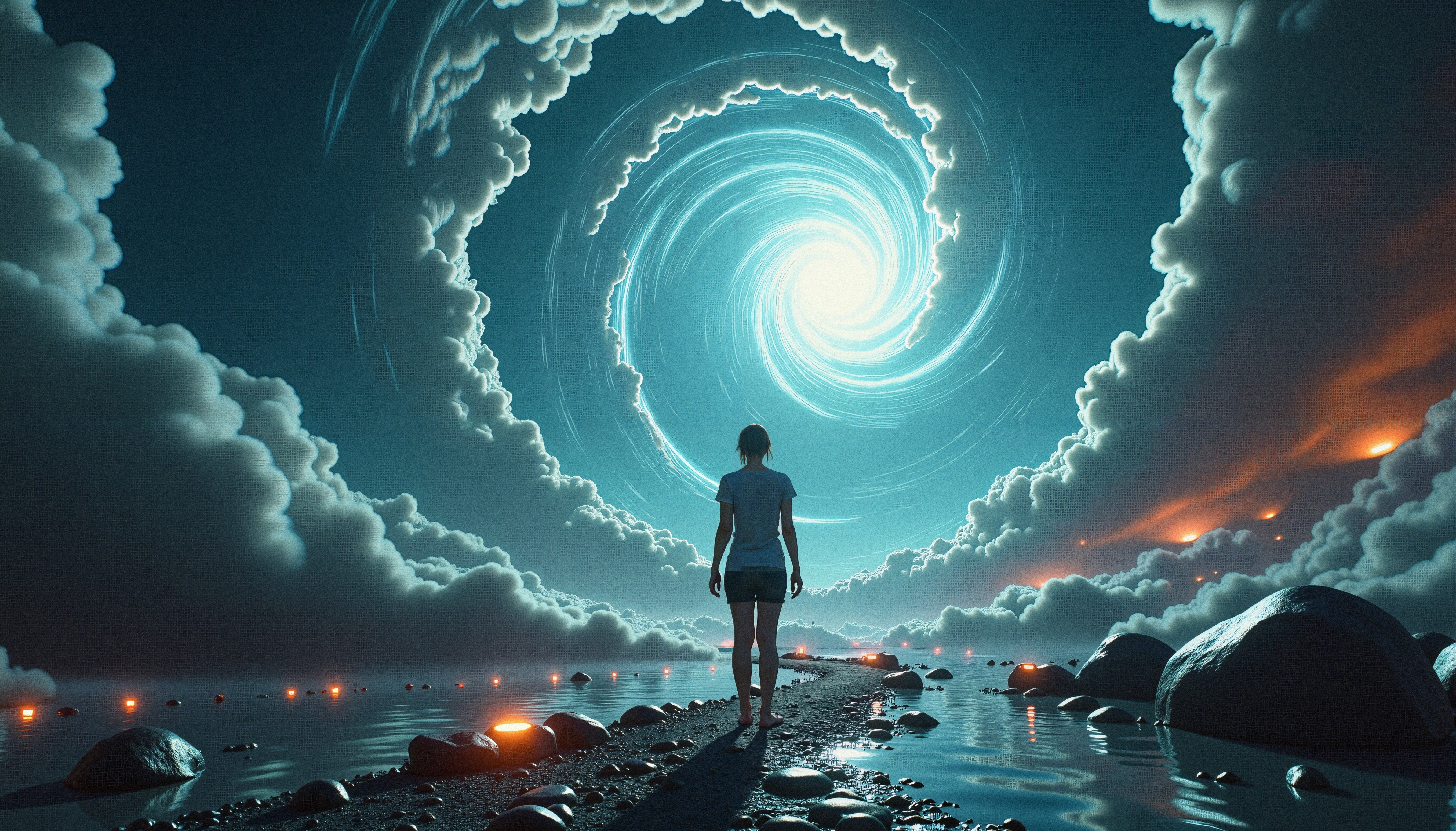 A lone figure stands beneath a swirling blue vortex, surrounded by glowing clouds and reflective water, depicting a surreal, mystical journey.
