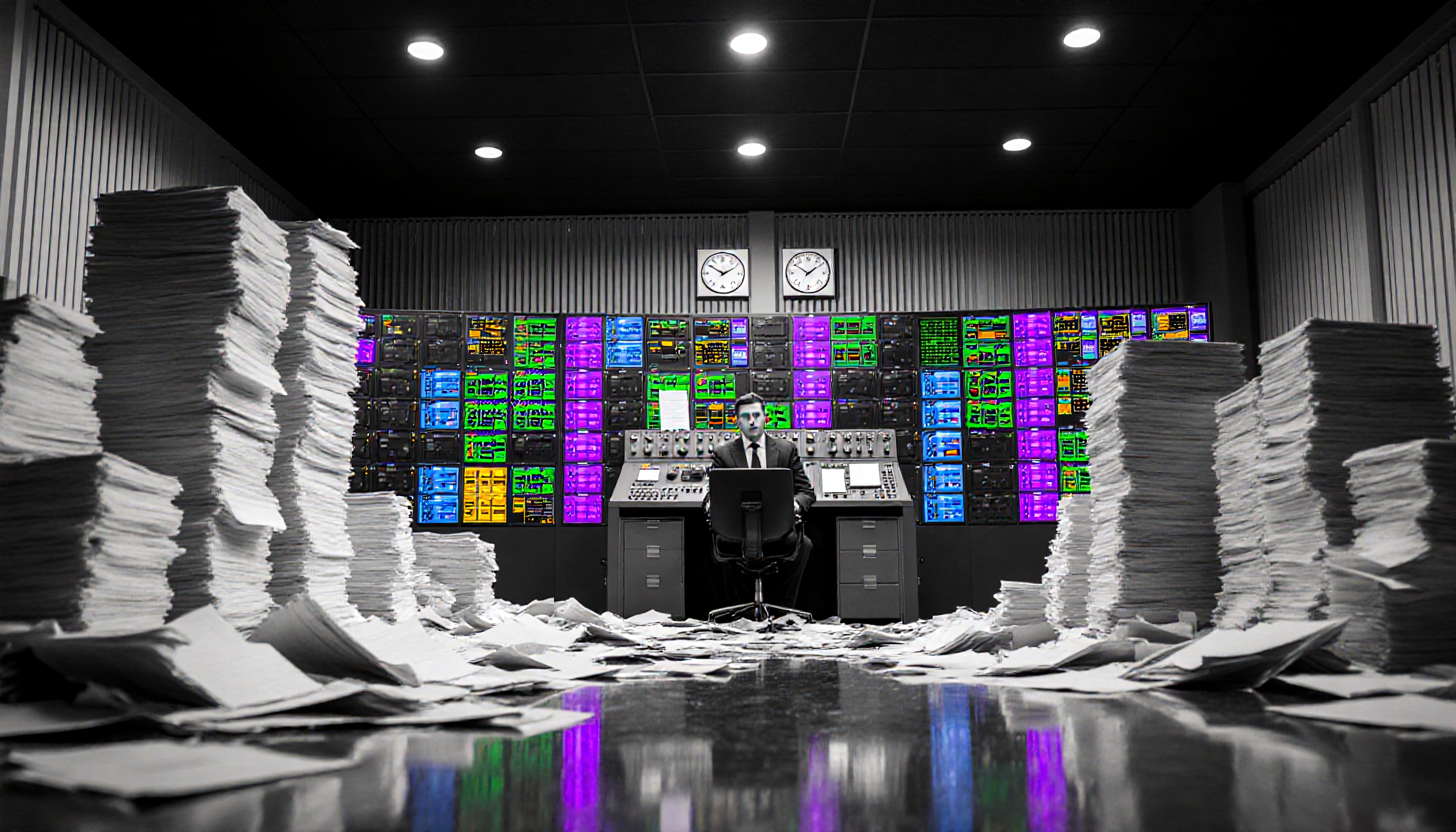 An overworked man sits amid towering paper stacks in a colorful data-filled control room.