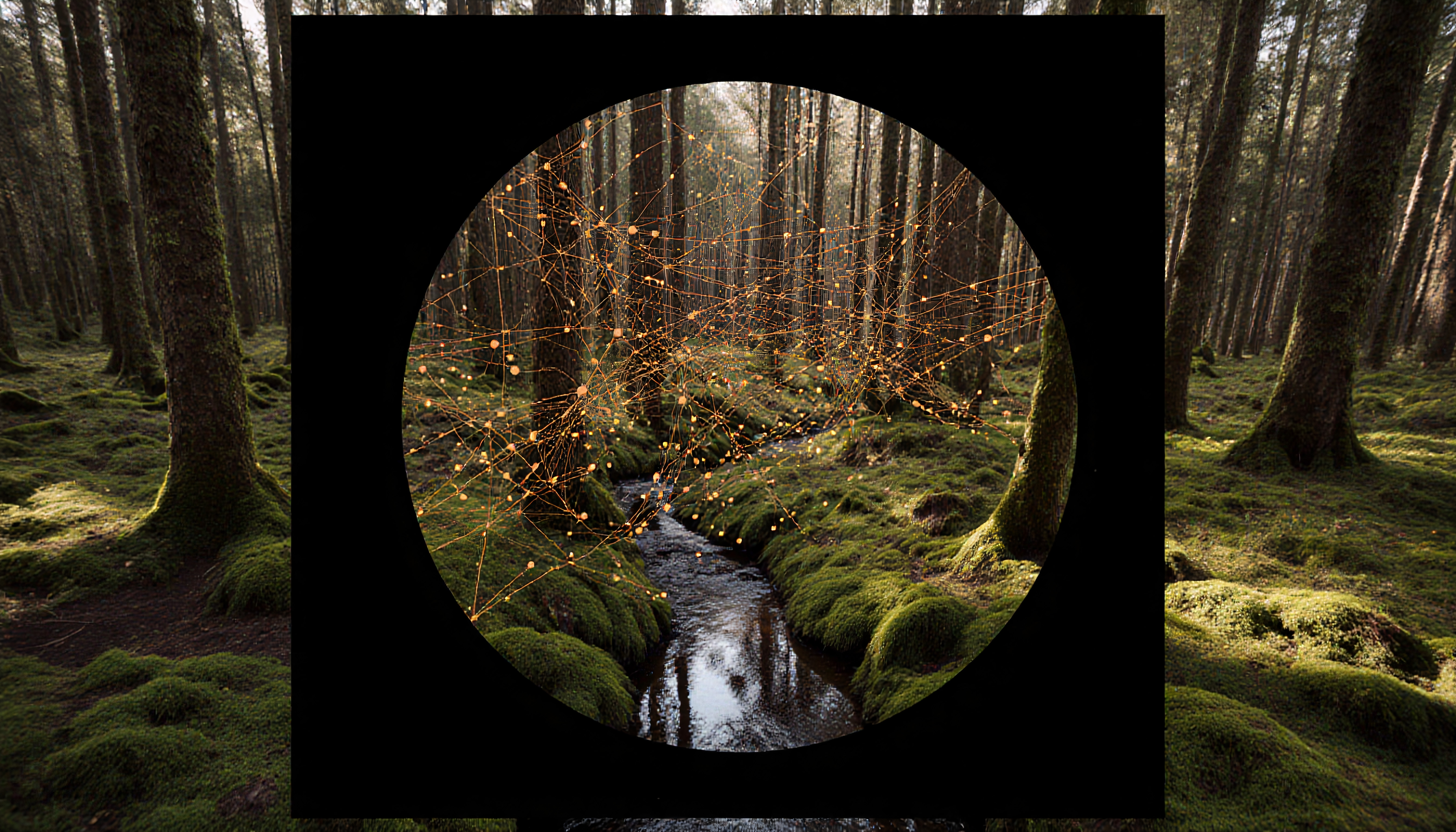 A forest scene with a digital network overlay contrasts nature and technology, featuring trees, a stream, and glowing lines.