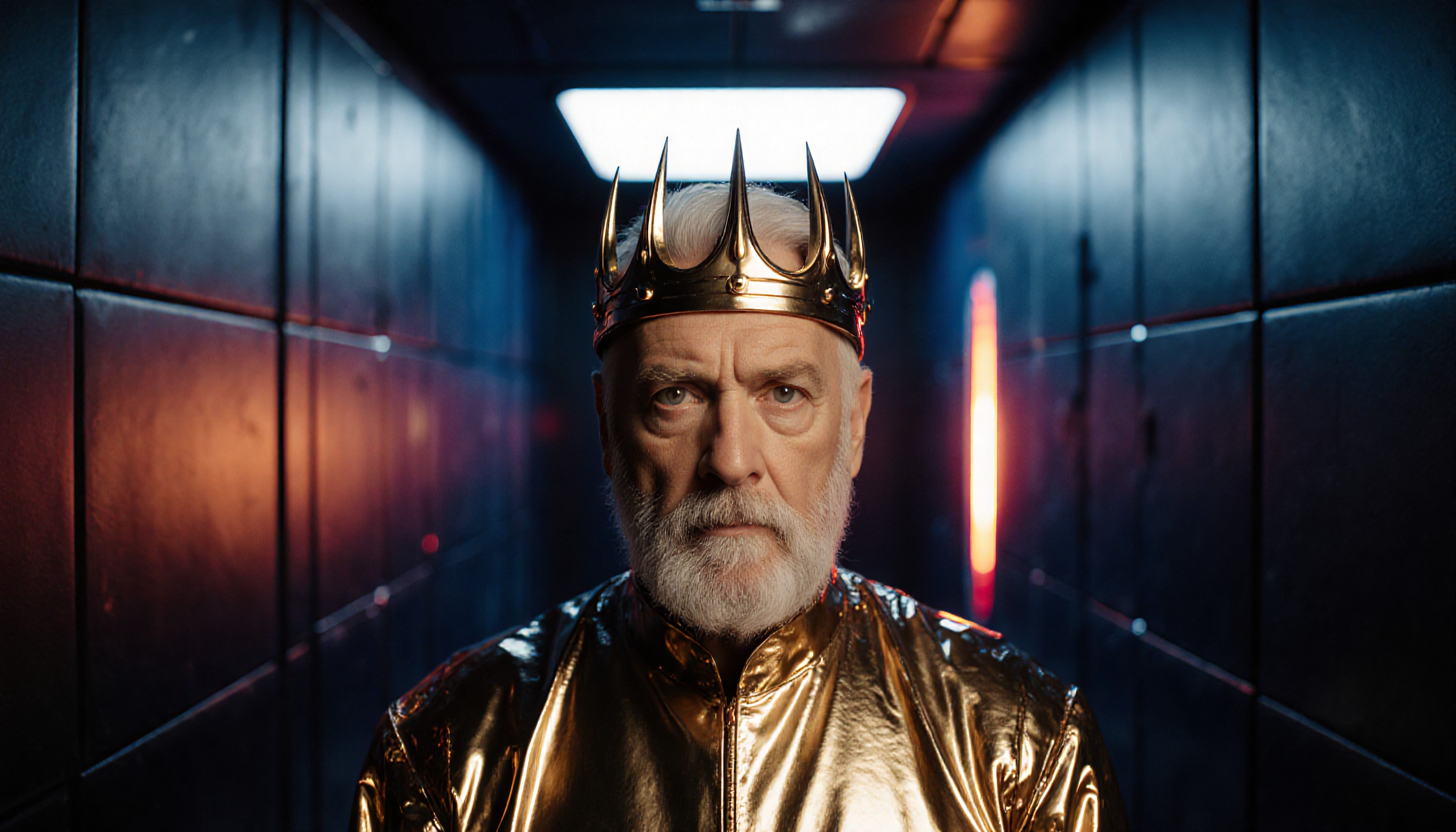 A regal man in gold robes stands in a dimly lit futuristic hallway, wearing a golden crown and an expression of contemplation.