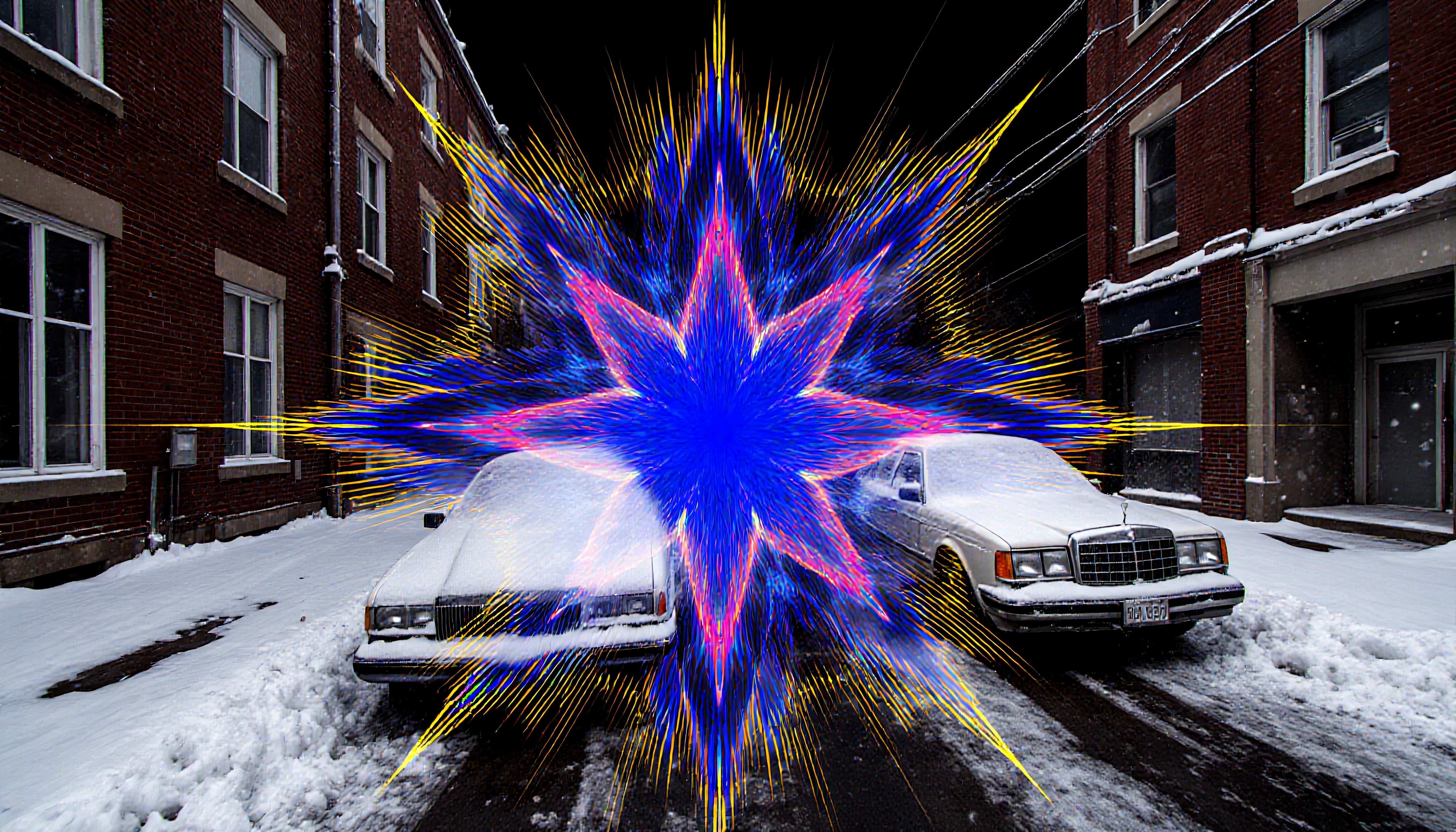 Abstract colorful explosion over snowy street.