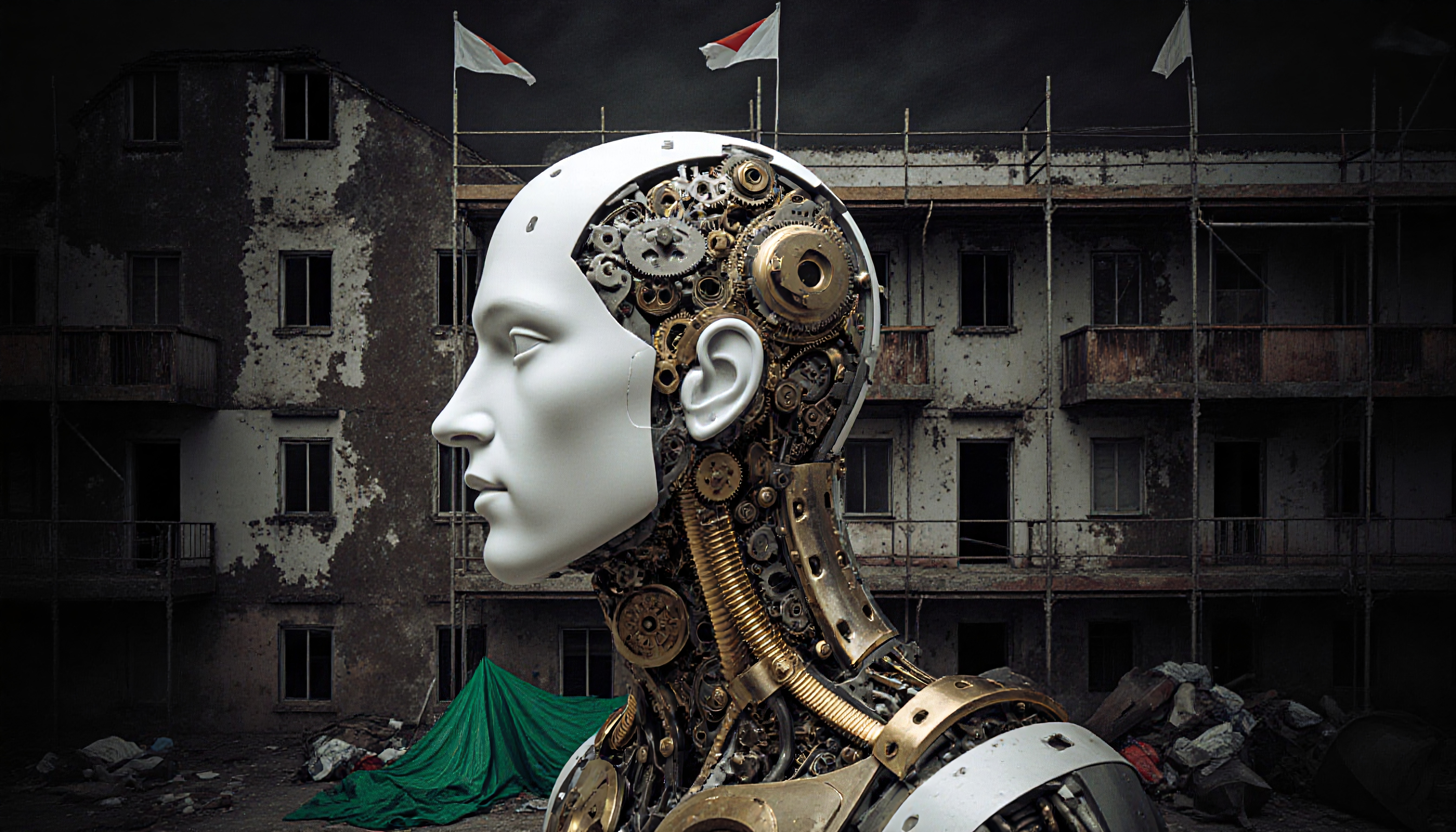 Futuristic humanoid robot with gears standing against an abandoned building backdrop.