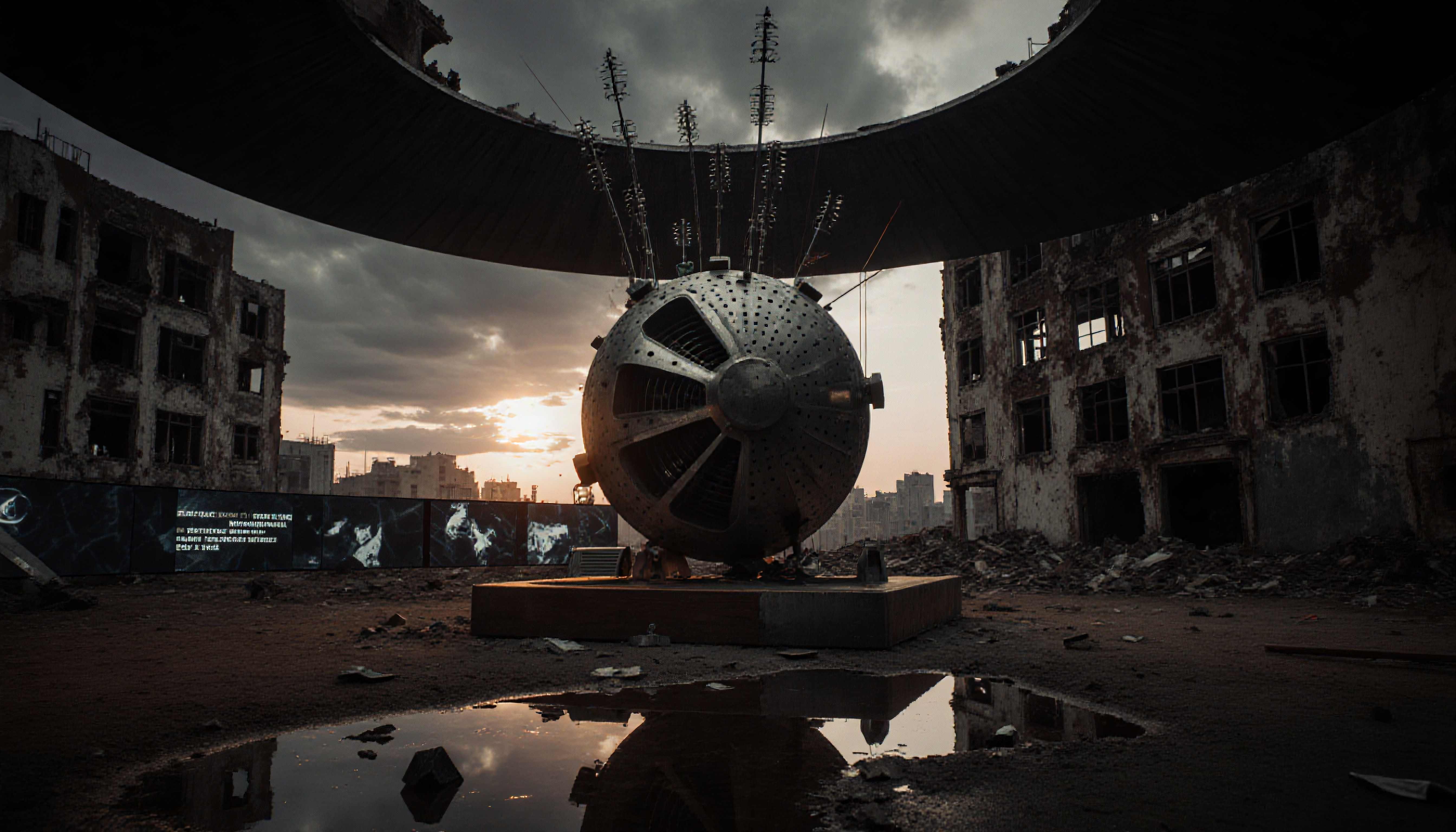 Abandoned Industrial Sphere Against a Dramatic Sunset Sky