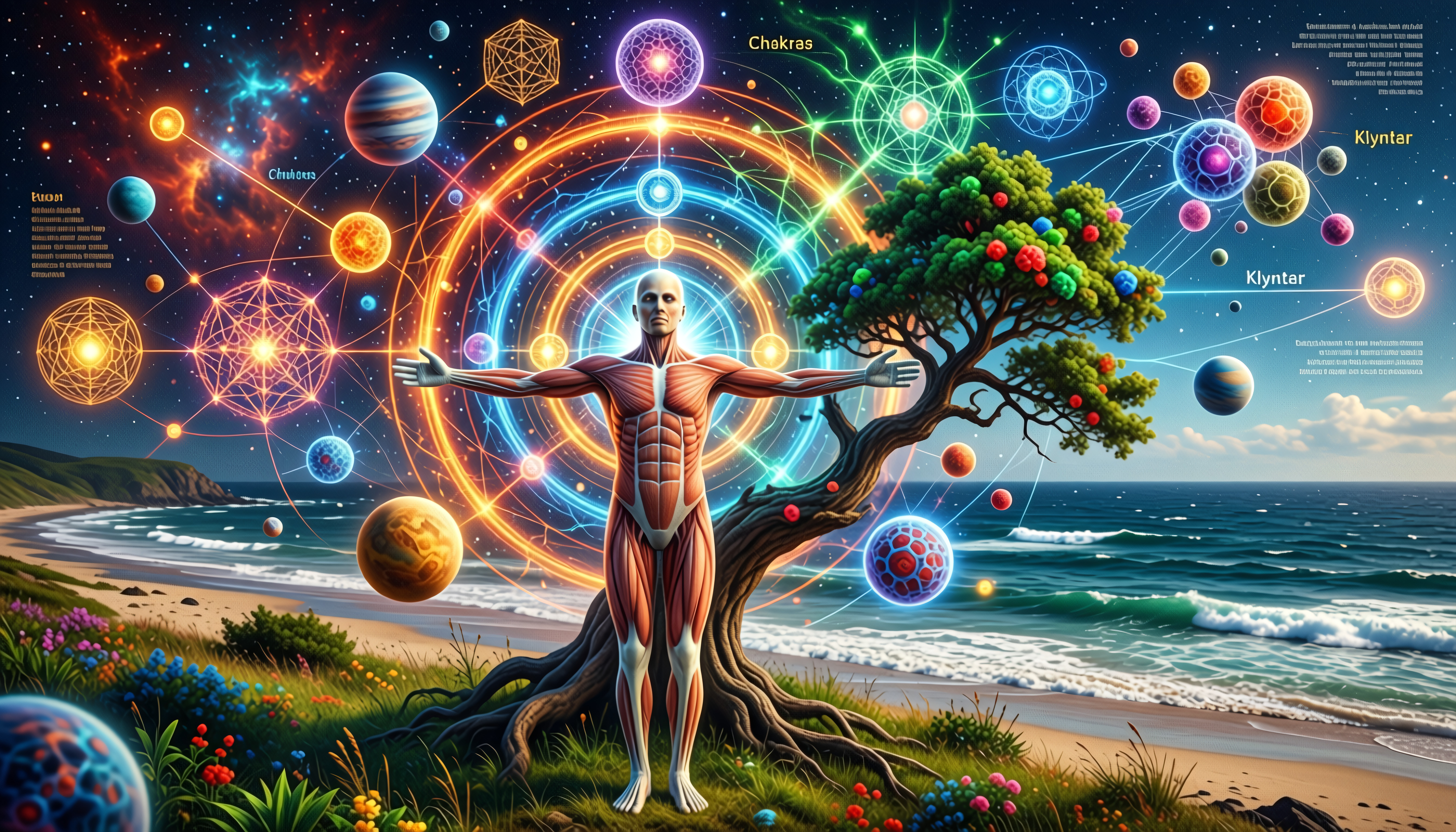 Anatomical Human with Chakras and Cosmic Elements on Beach