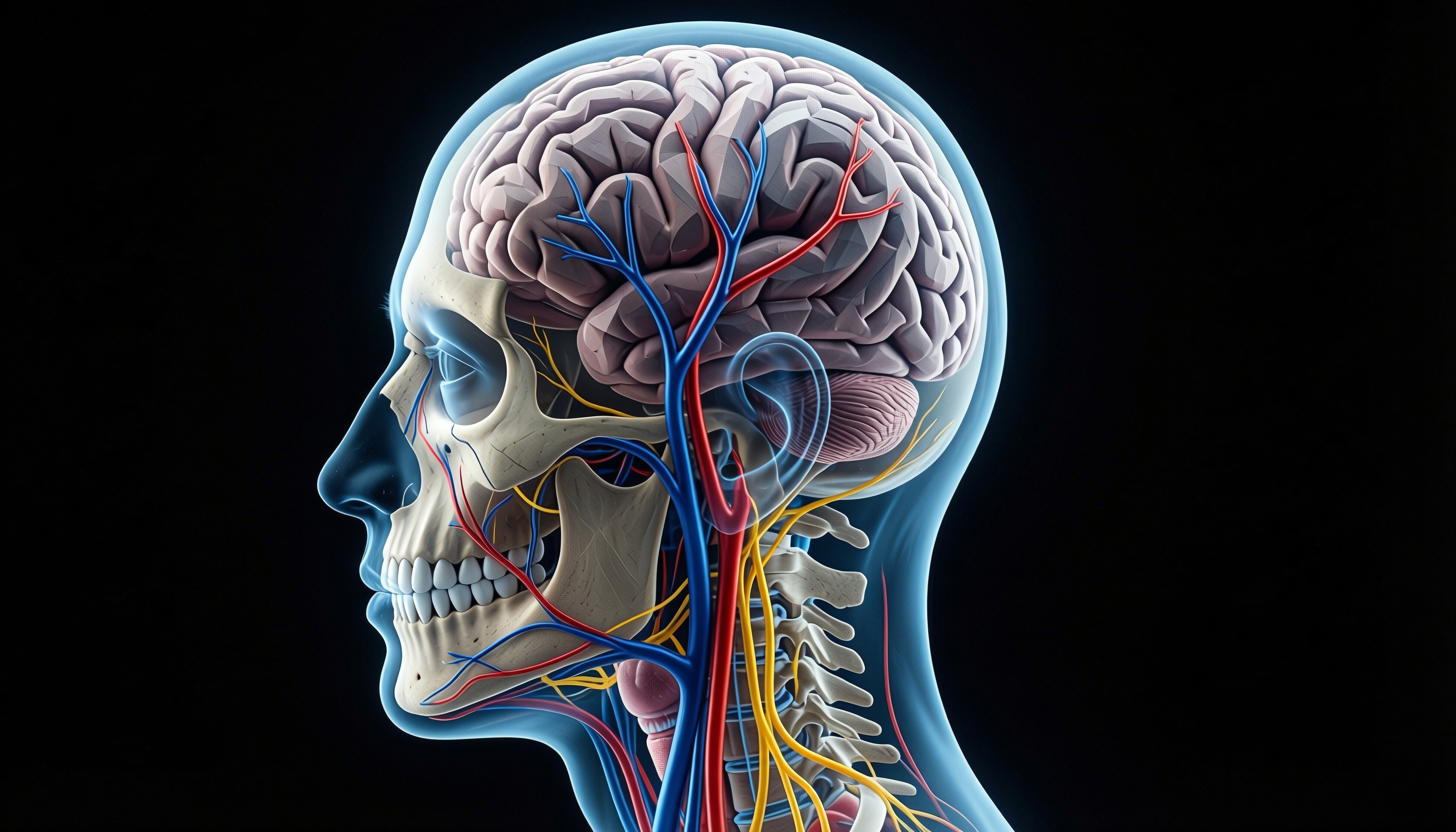 Anatomical Illustration of Human Brain and Skull with Blood Vess