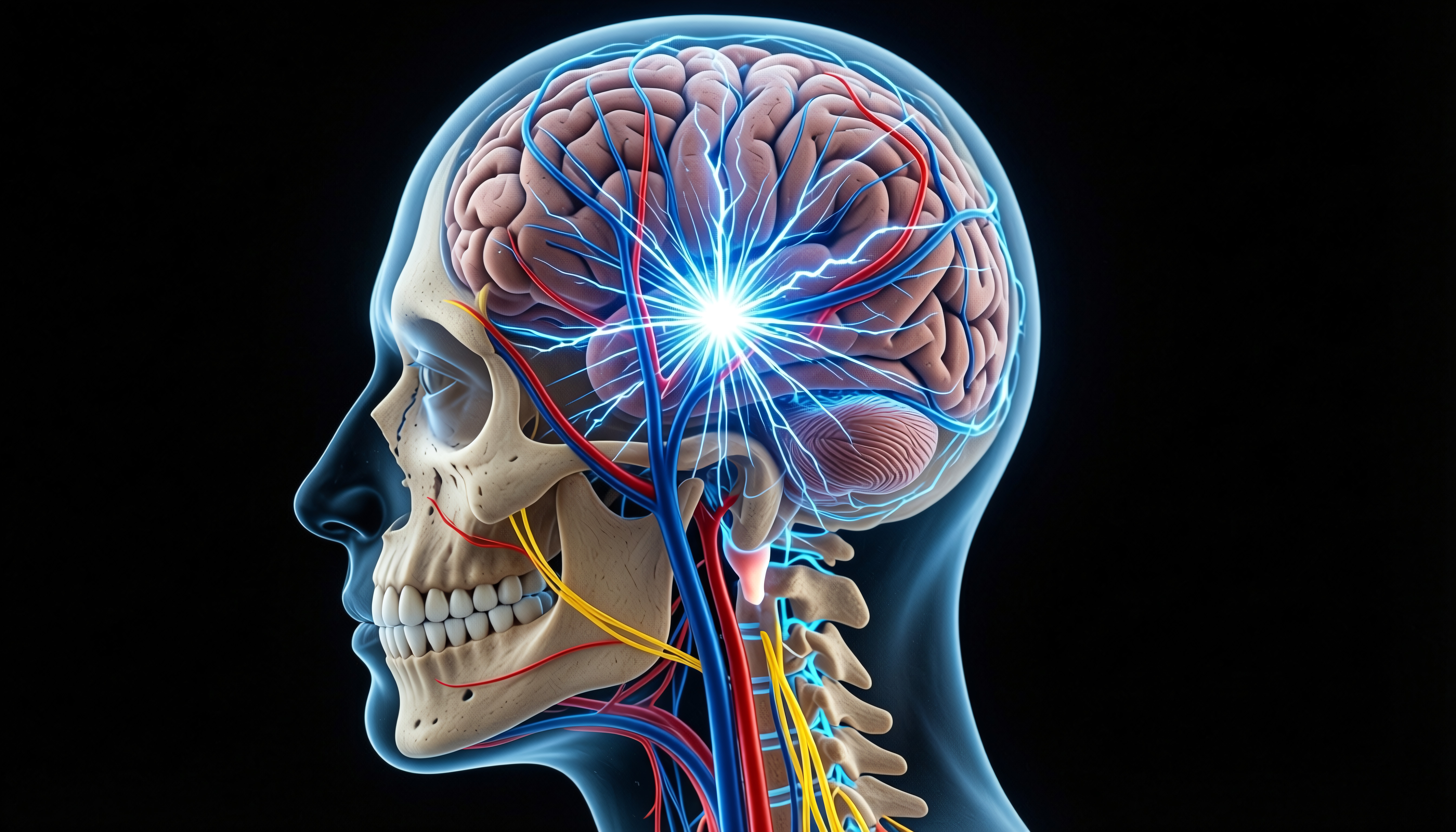 Detailed illustration of human brain with glowing neural connections and visible vascular system for neuroscience education