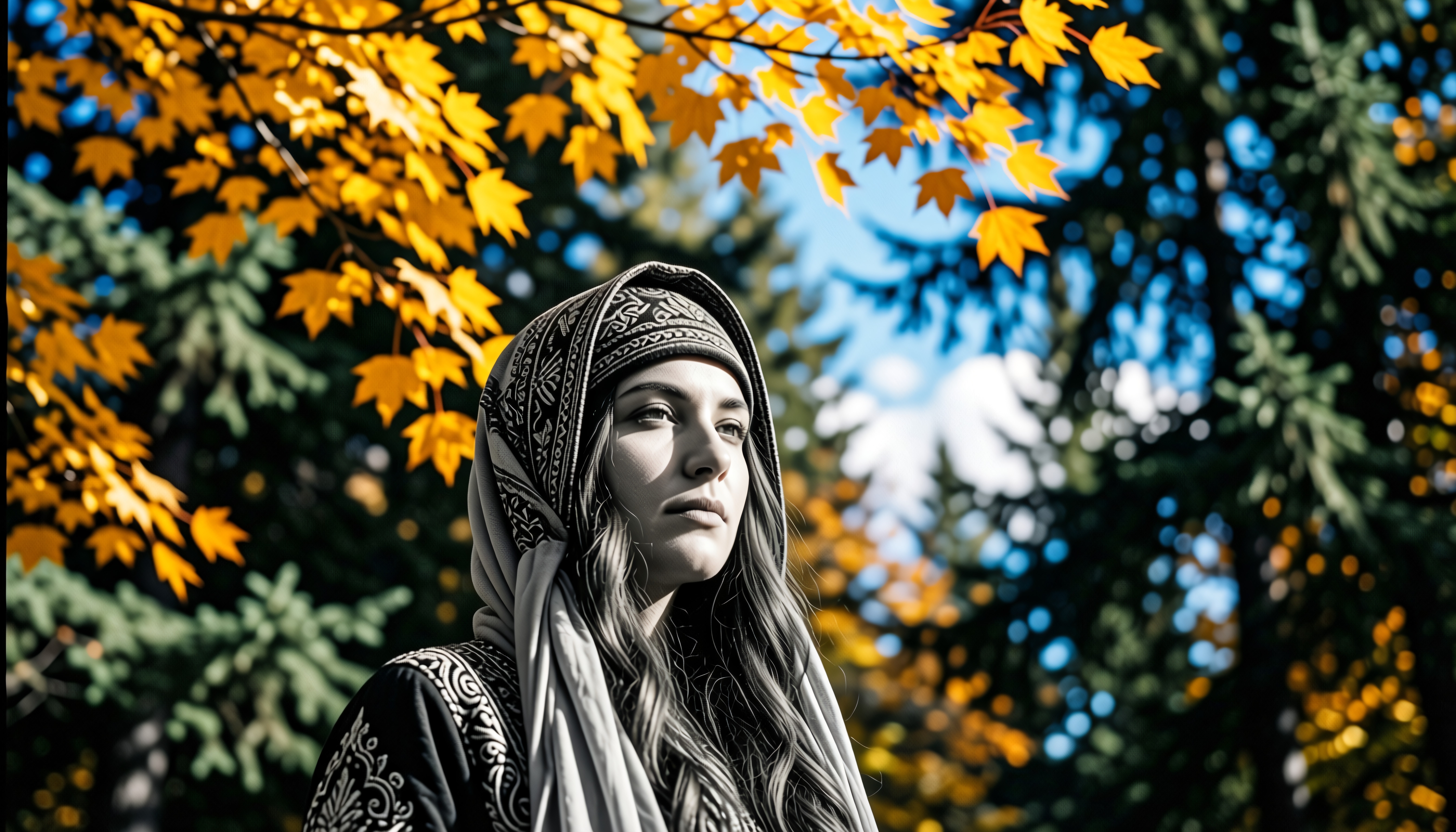 A young woman in a patterned headscarf stands in a sunlit autumn forest with vibrant foliage.