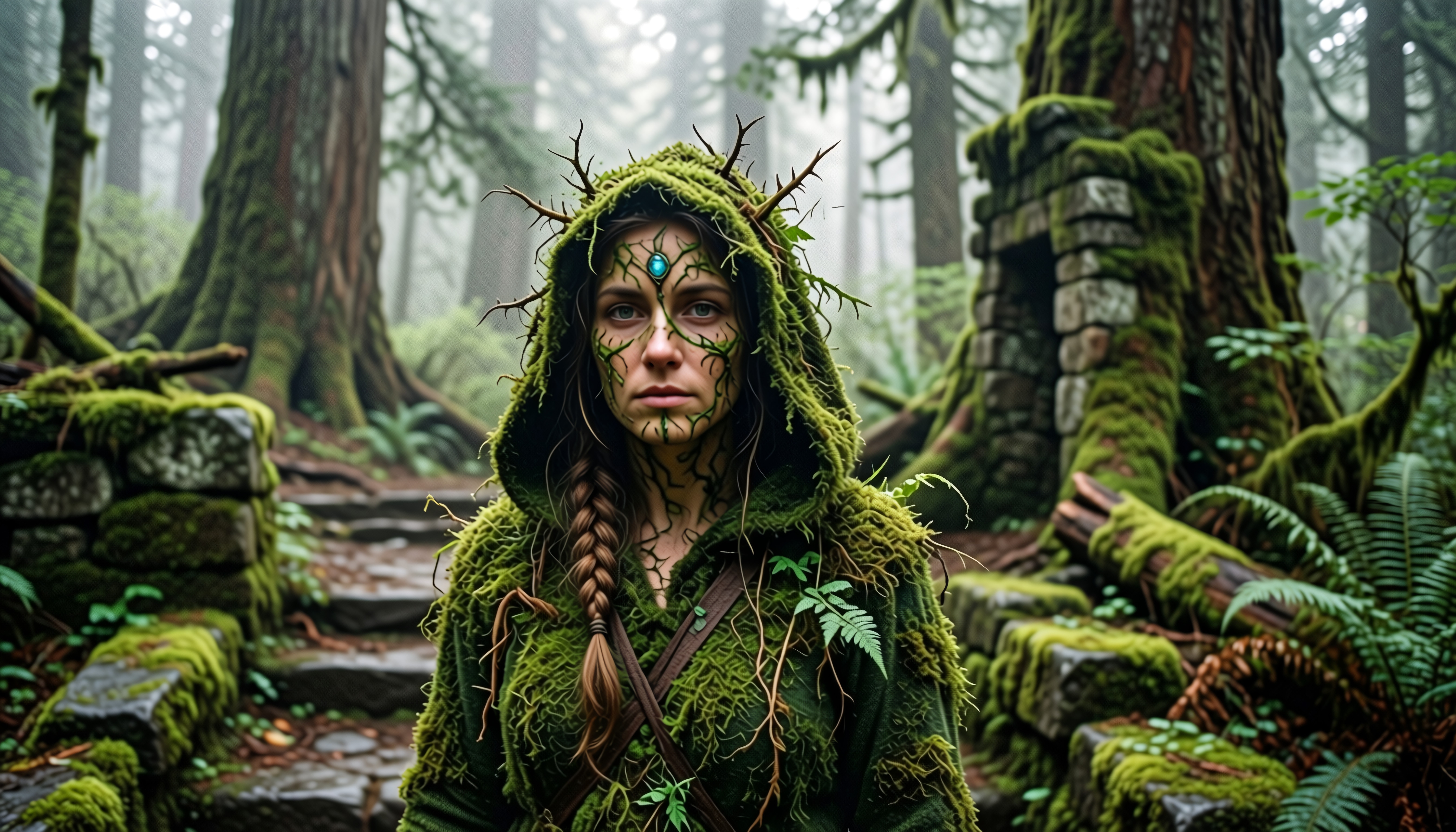 A forest nymph stands cloaked in moss amid ancient ruins, exuding mystical allure.