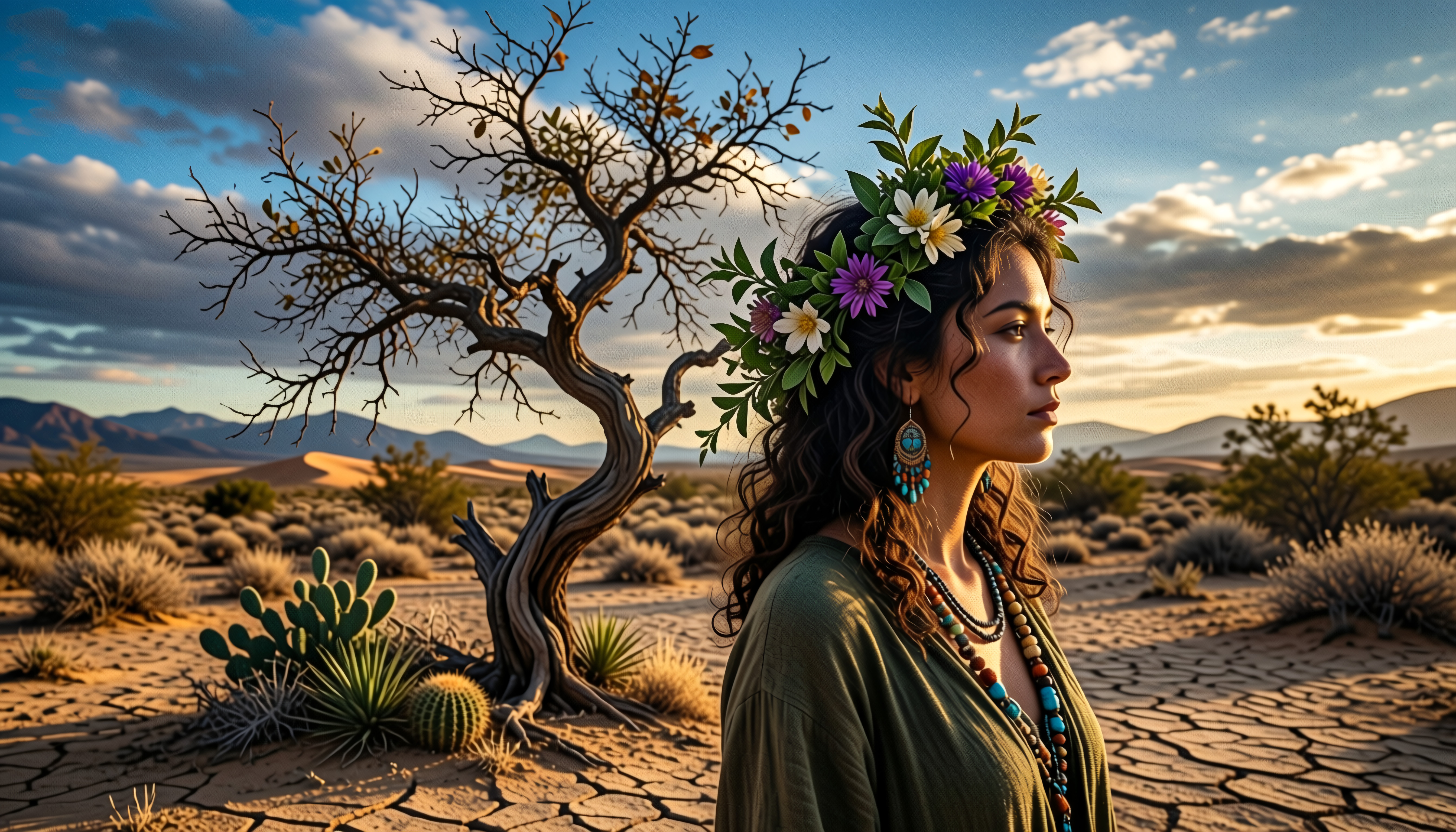 Woman wearing flower crown standing alone in desert near old tree during golden hour sunrise or sunset