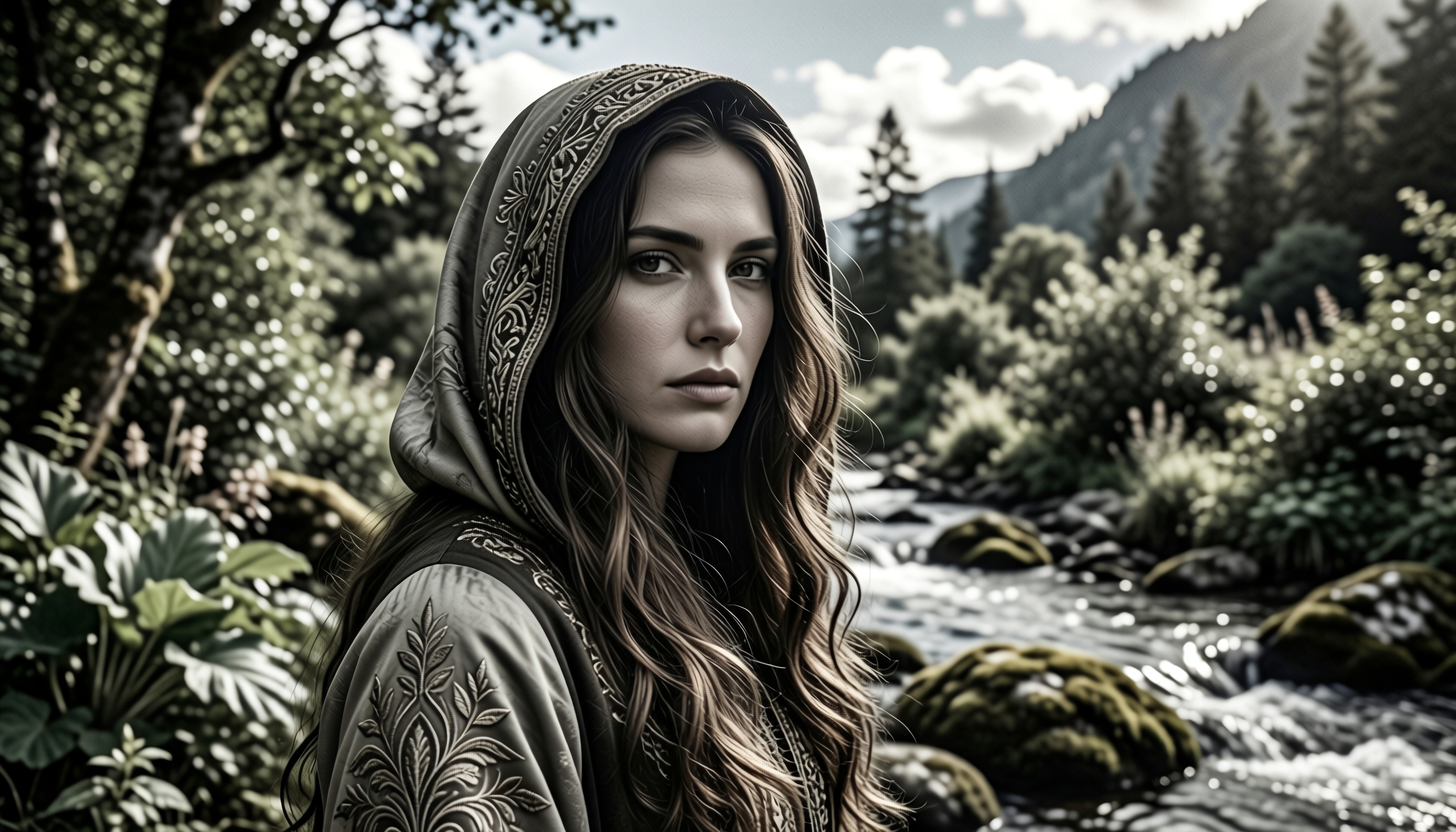 A woman in a hooded cloak stands by a river, surrounded by nature.