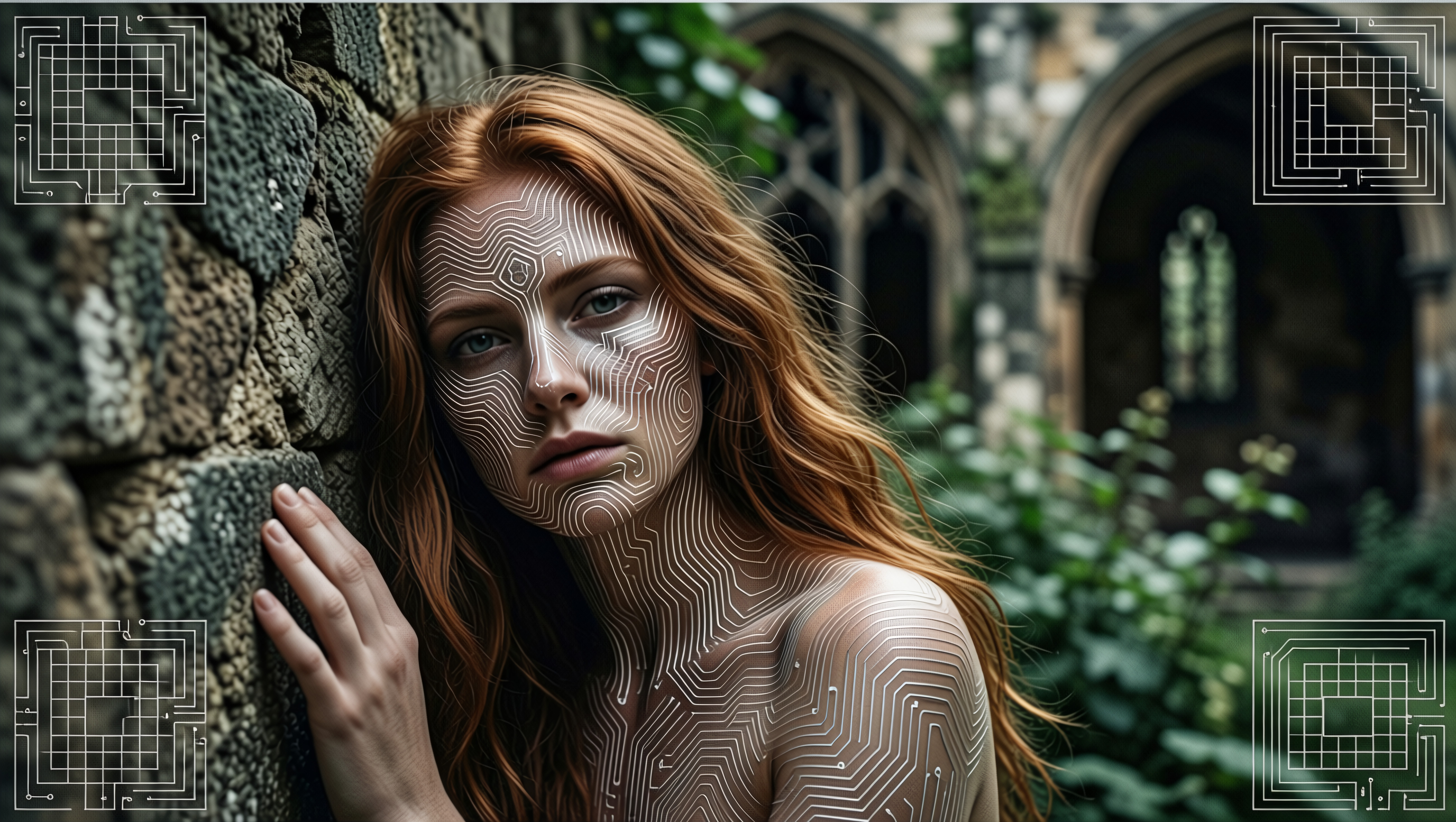 Portrait of a woman with circuit-like facial art, standing against an ancient stone wall in a lush, mysterious setting.
