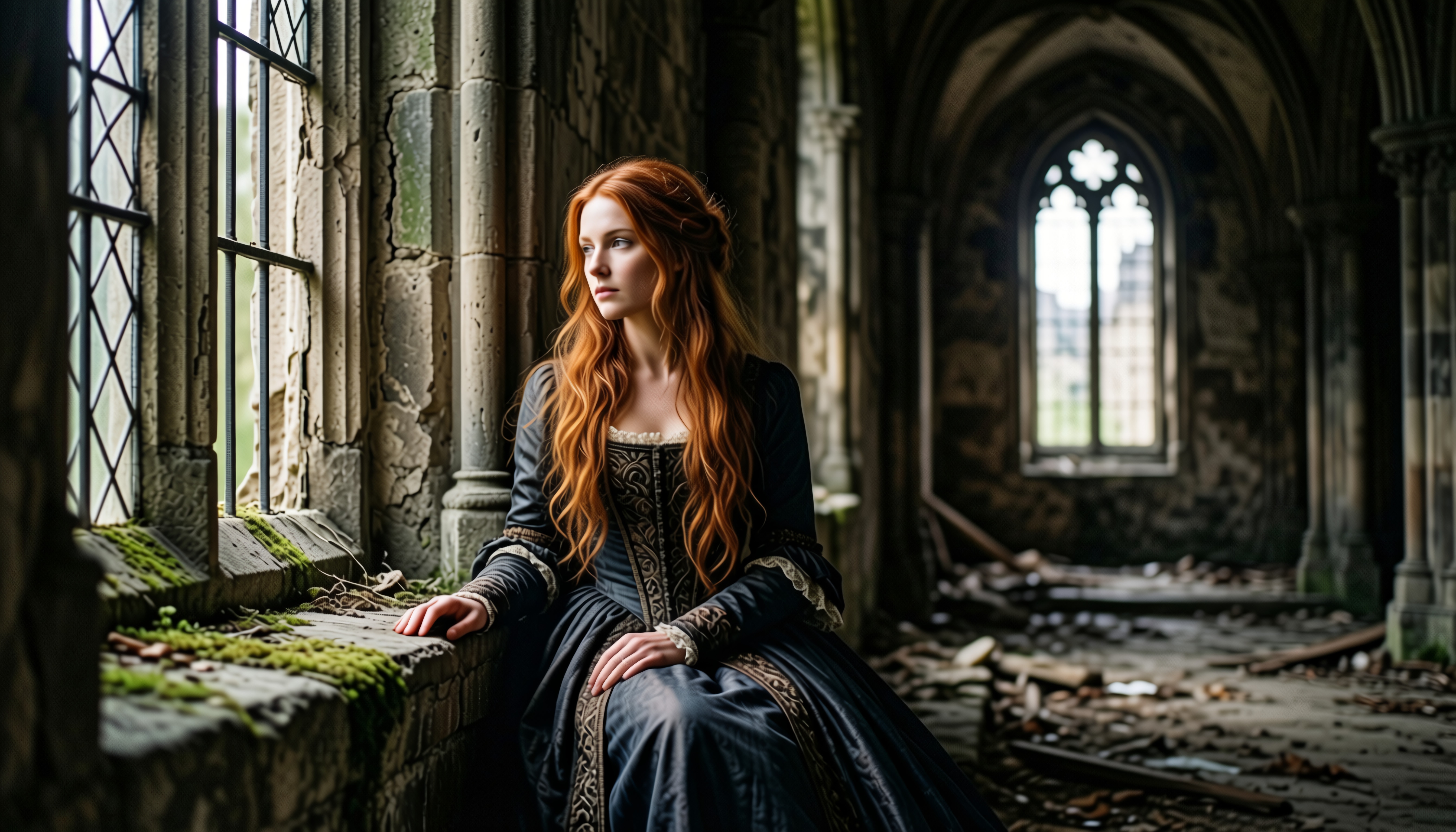 A contemplative woman in a medieval gown sits by a mossy window in an ancient cathedral.