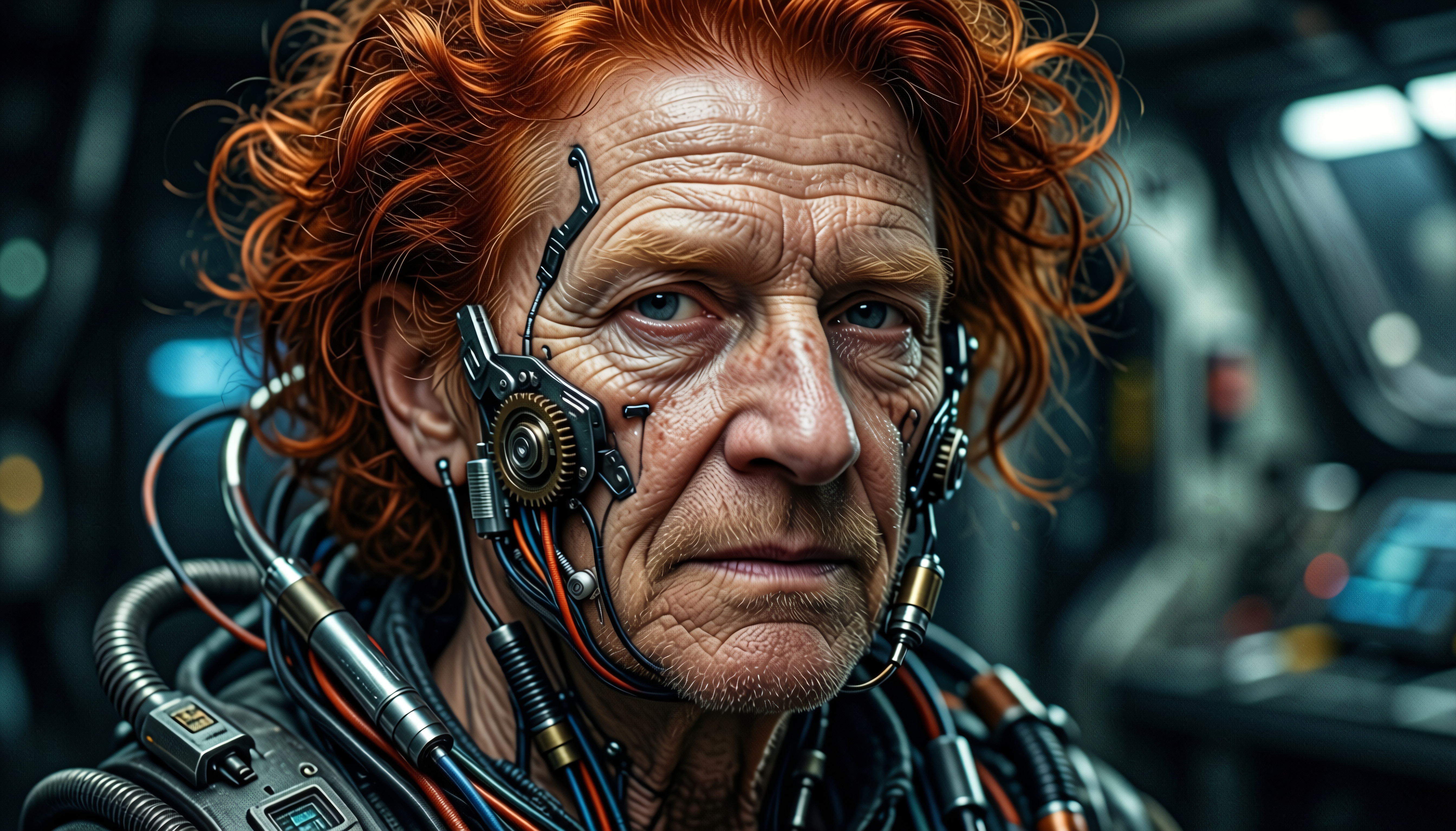 A cyborg with red hair and advanced cybernetic components in a futuristic setting.