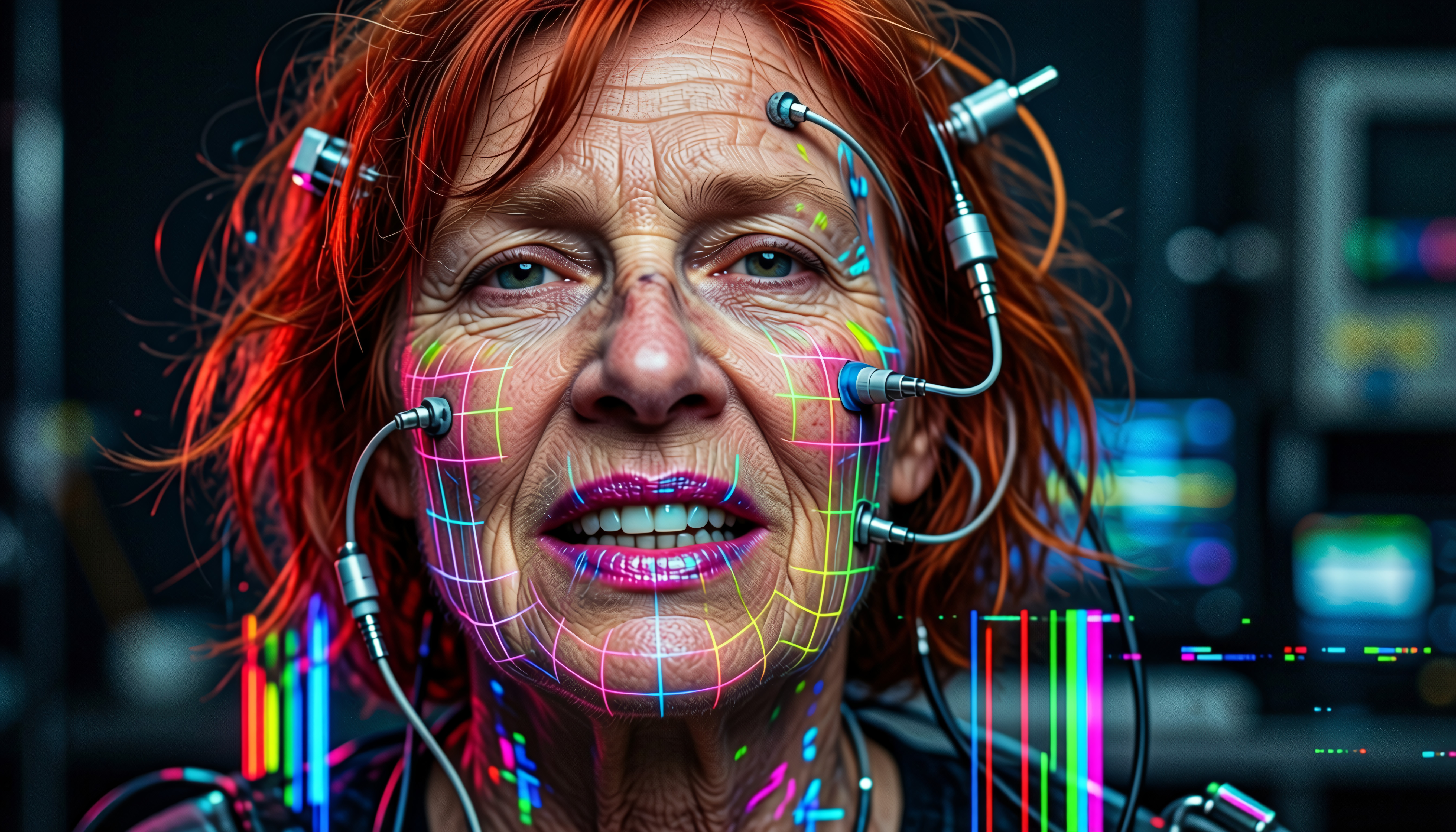 Elderly woman with glowing neon grid scanning device attached during neurotech procedure