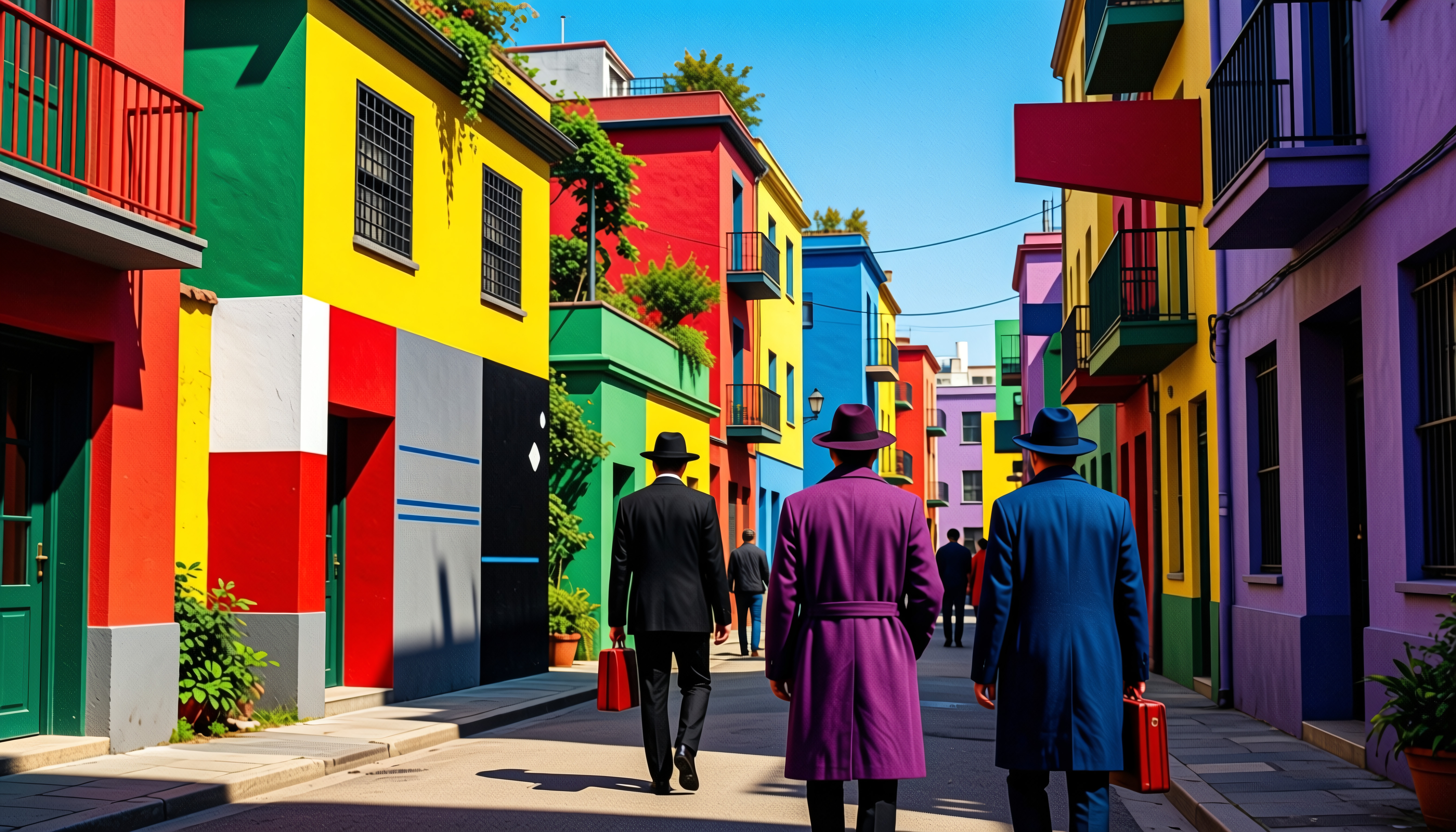 Brightly colored urban street scene with three stylish men walking amidst vividly painted buildings.